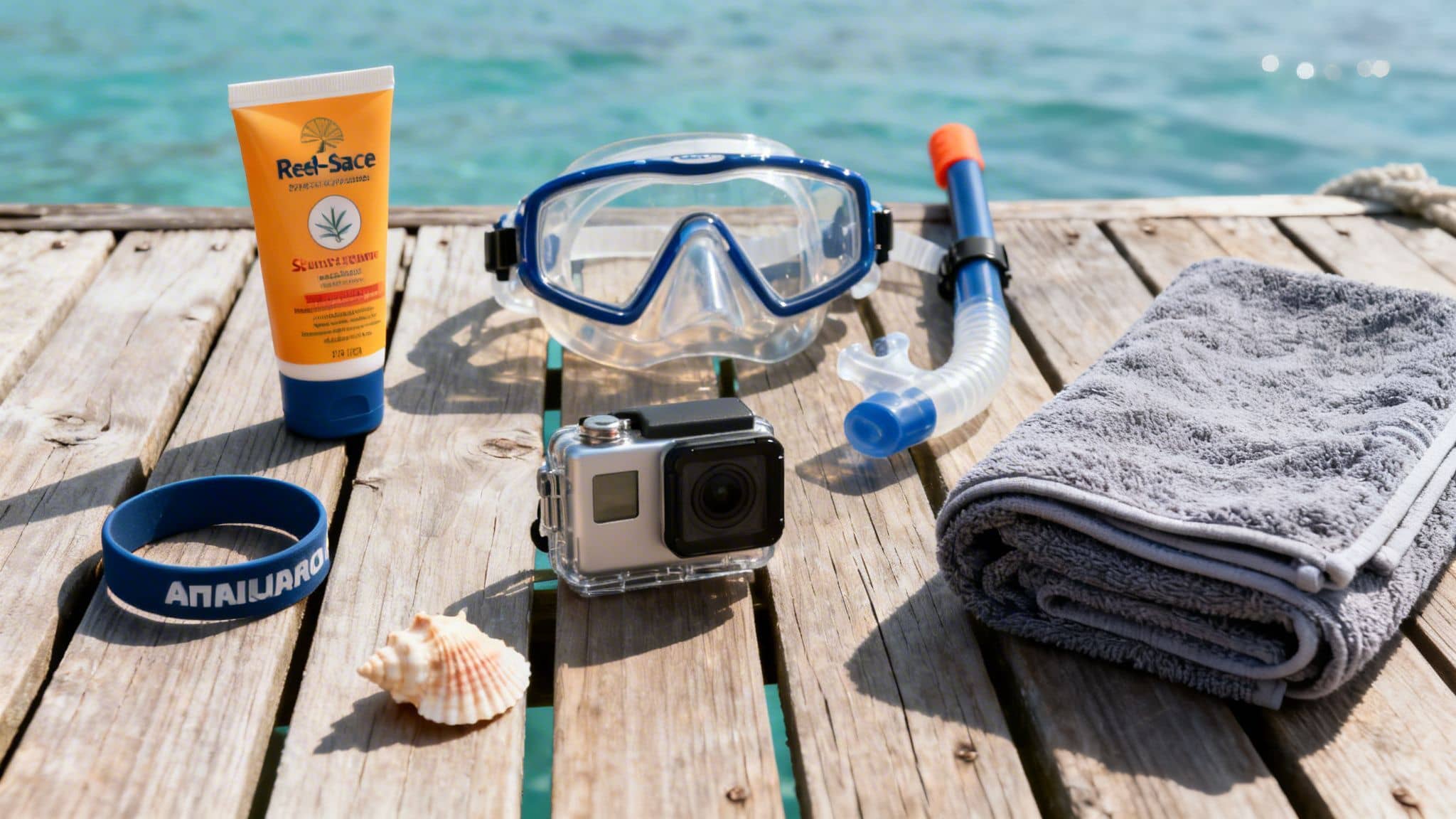 Snorkeling gear, sunscreen, GoPro, and beach essentials laid out on a wooden dock by the ocean.
