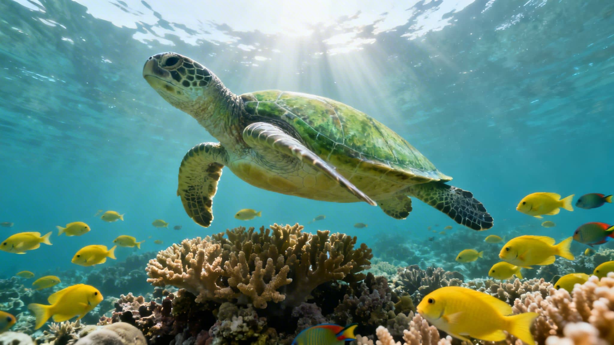 A vibrant underwater scene with a green sea turtle swimming amidst yellow fish and sunlit coral reefs.