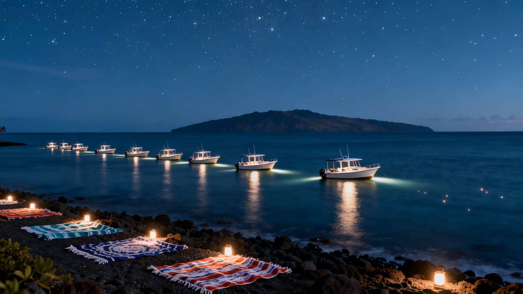 A starry night over a tranquil ocean with illuminated boats and glowing lanterns on a rocky beach.