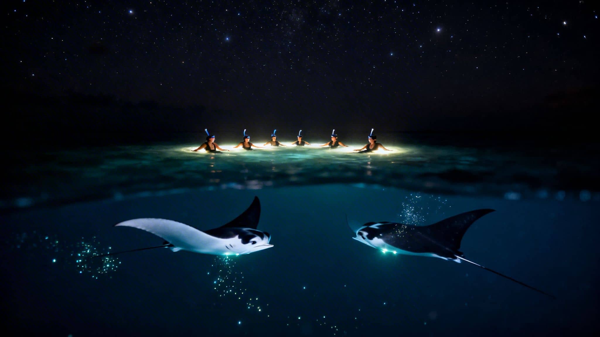 Six snorkelers under a starry night sky observe two glowing manta rays underwater with bioluminescence.