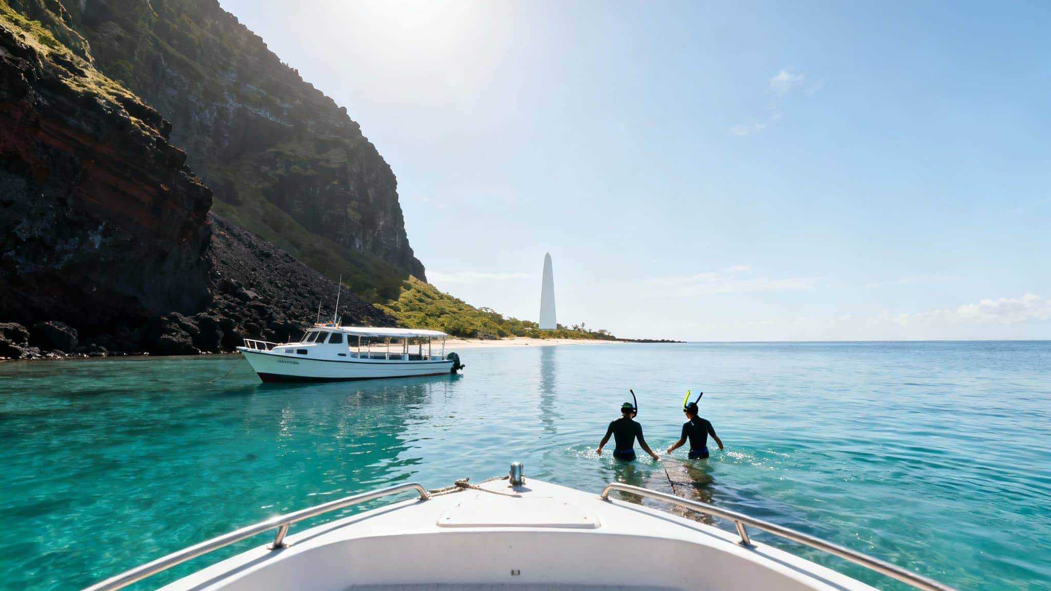 View from a boat of two snorkelers entering beautiful turquoise water with a rocky island and a white monument.