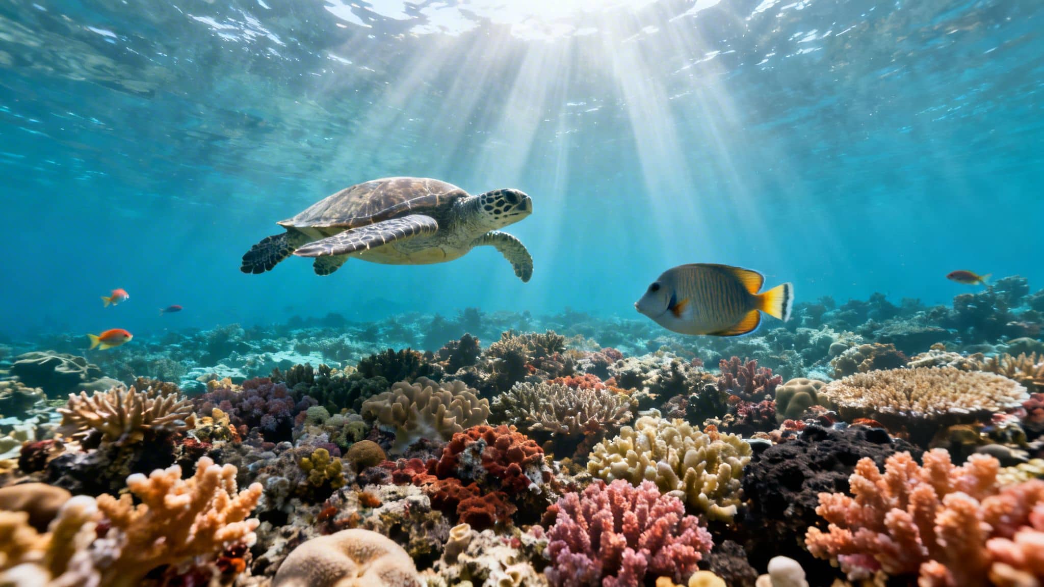 A majestic sea turtle and colorful fish swim above a vibrant coral reef, bathed in sunlit ocean rays.