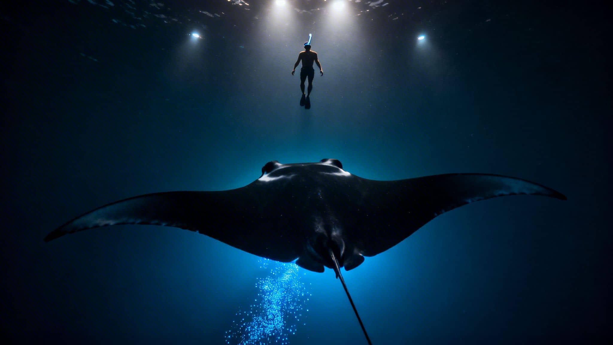 A diver swims above a majestic manta ray at night, illuminated by bright underwater lights.