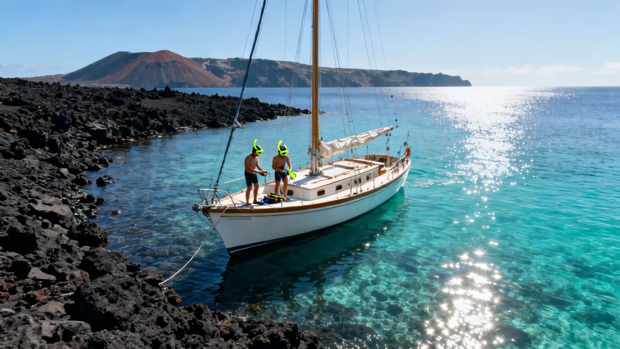 Two men wearing snorkels prepare to dive from a sailboat in clear turquoise water near a volcanic coast.