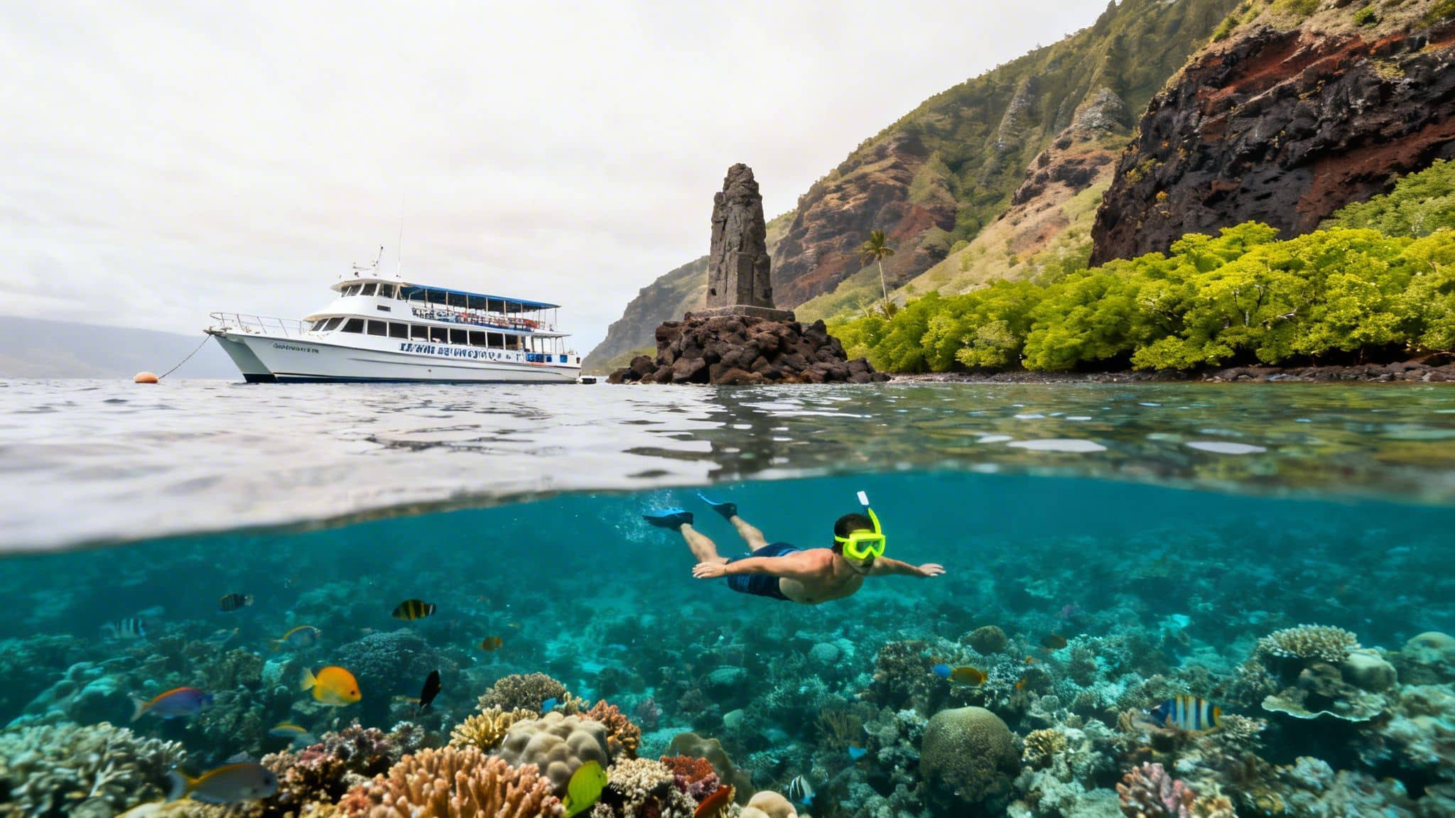 An over-under shot of a snorkeler above a vibrant coral reef, with a boat and coastal mountains visible above water.