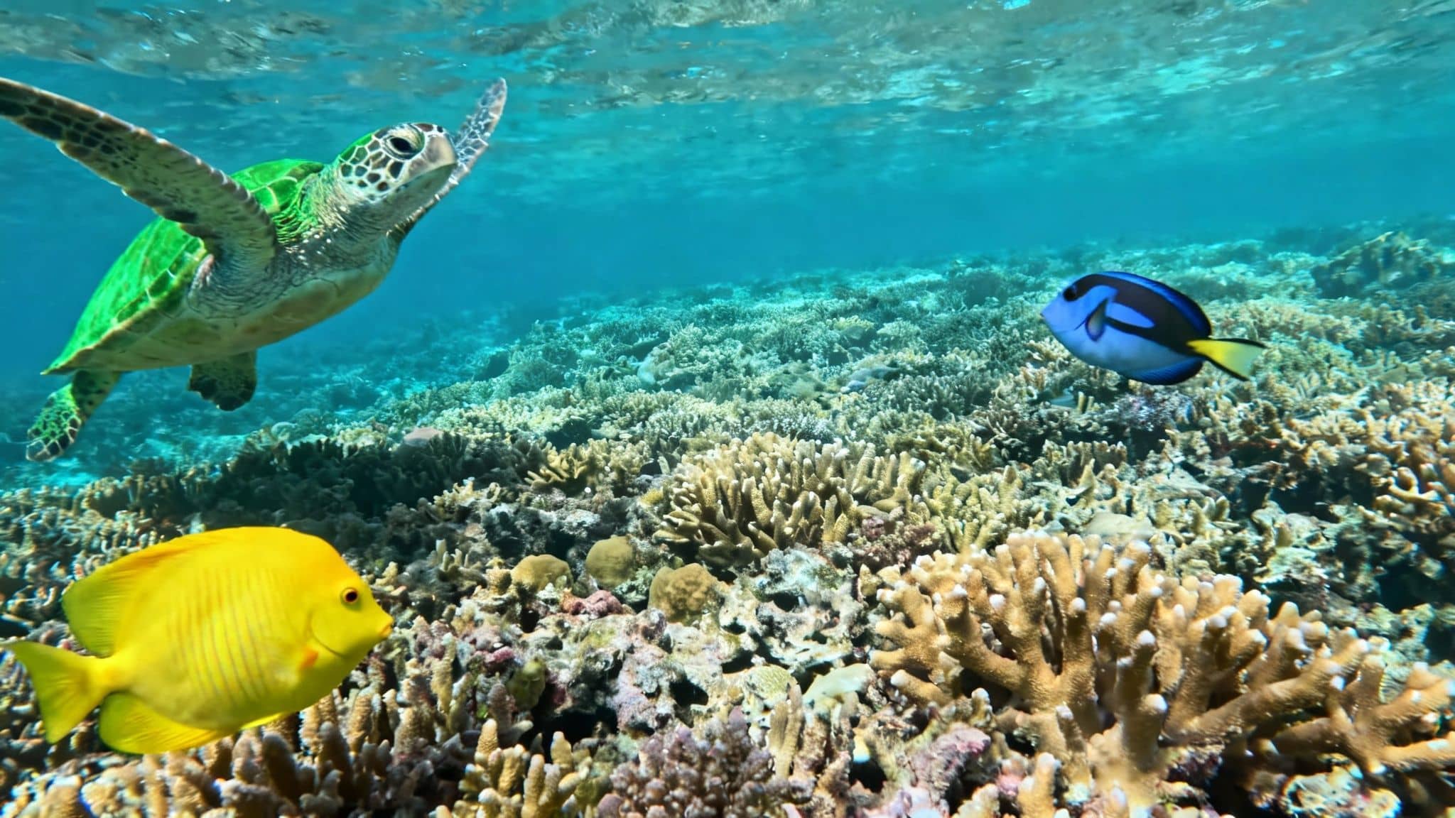 A vibrant underwater scene with a green sea turtle, yellow fish, and blue tang swimming above a coral reef.