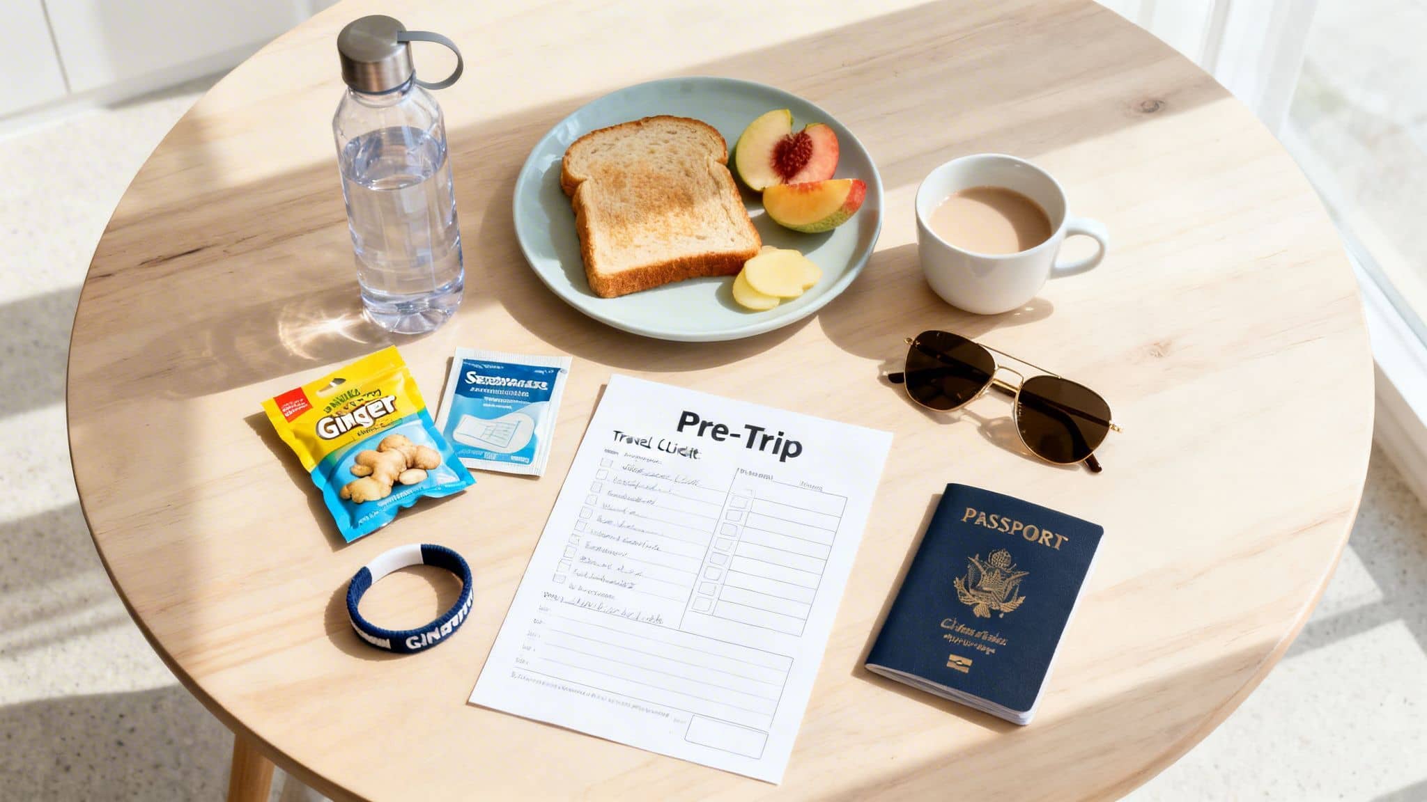 A flat lay of travel essentials, including a passport, checklist, ginger candies, and anti-nausea aids, on a wooden table.