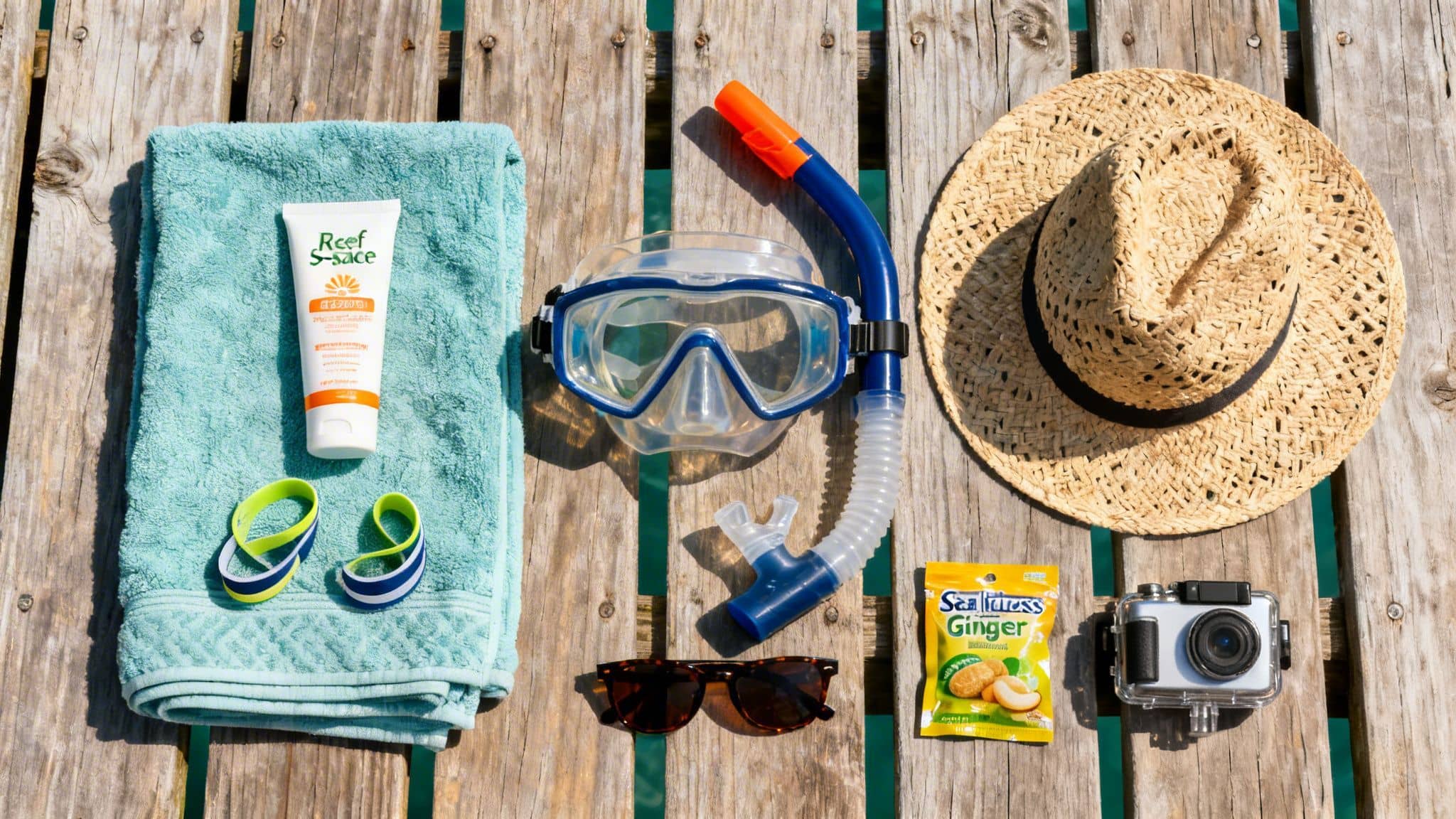 Snorkeling gear, sunscreen, beach essentials, and camera laid out on a wooden dock.