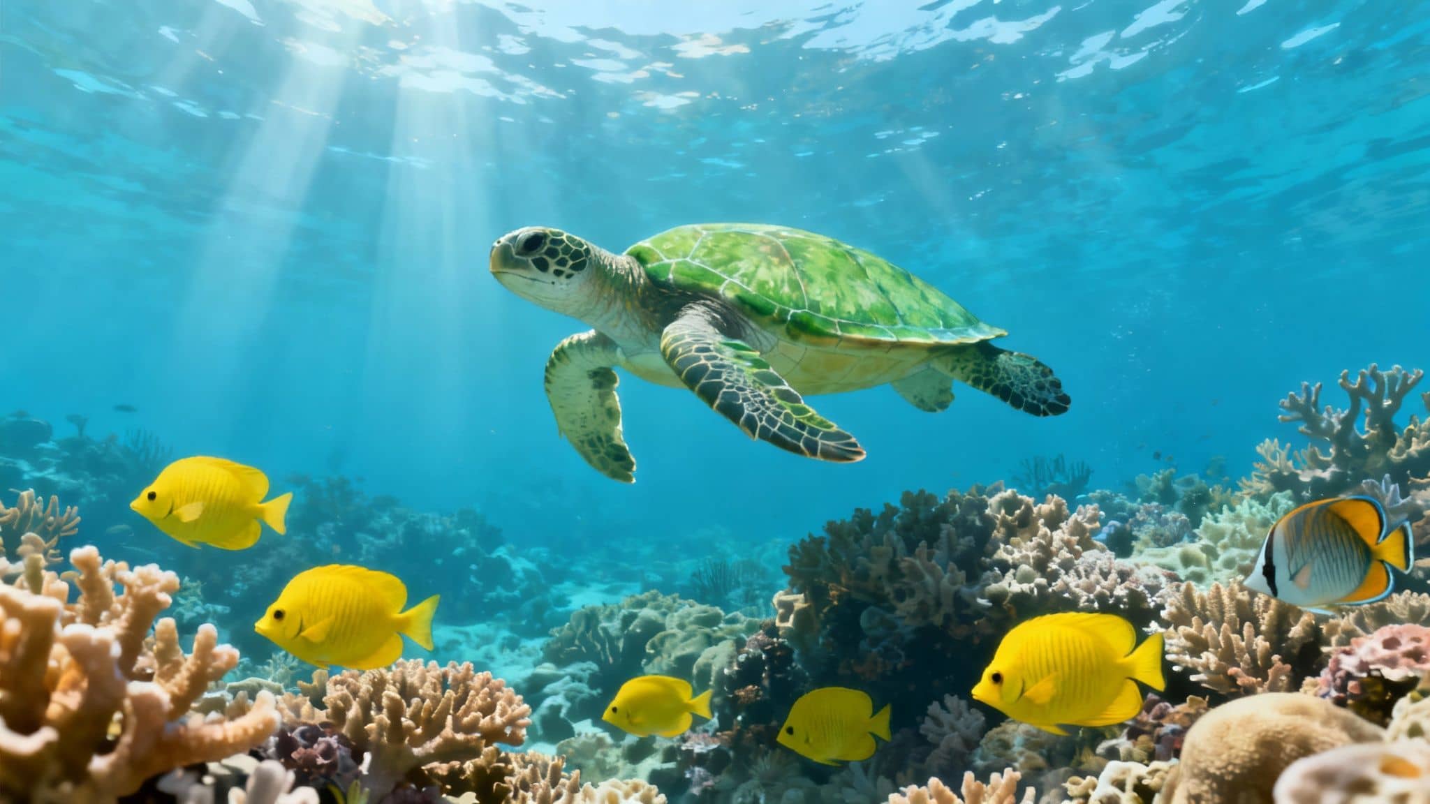 A green sea turtle swims above a vibrant coral reef with colorful fish in clear blue water.