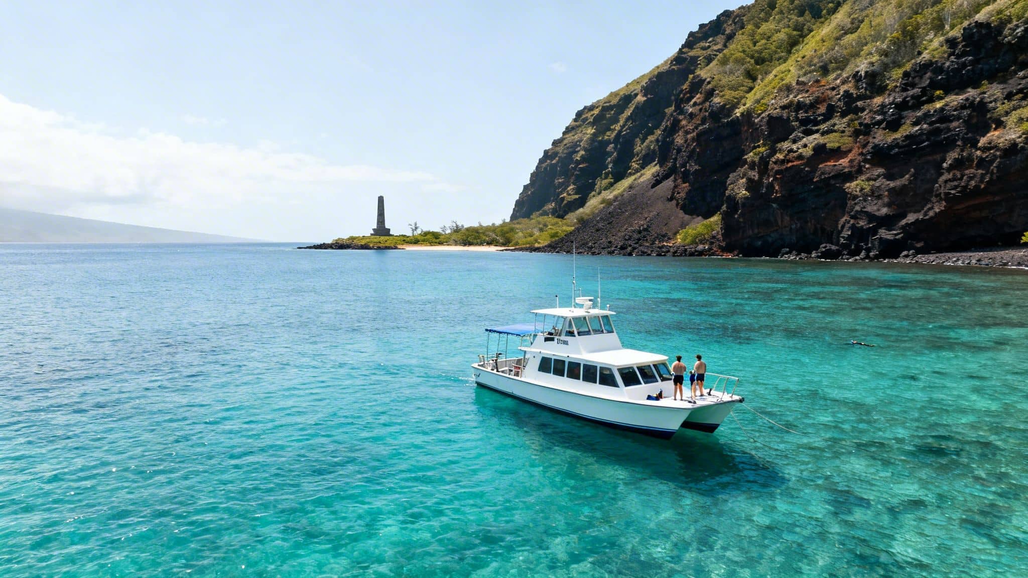 Boat with two people snorkeling in clear turquoise water near an ancient monument and rugged cliffs.