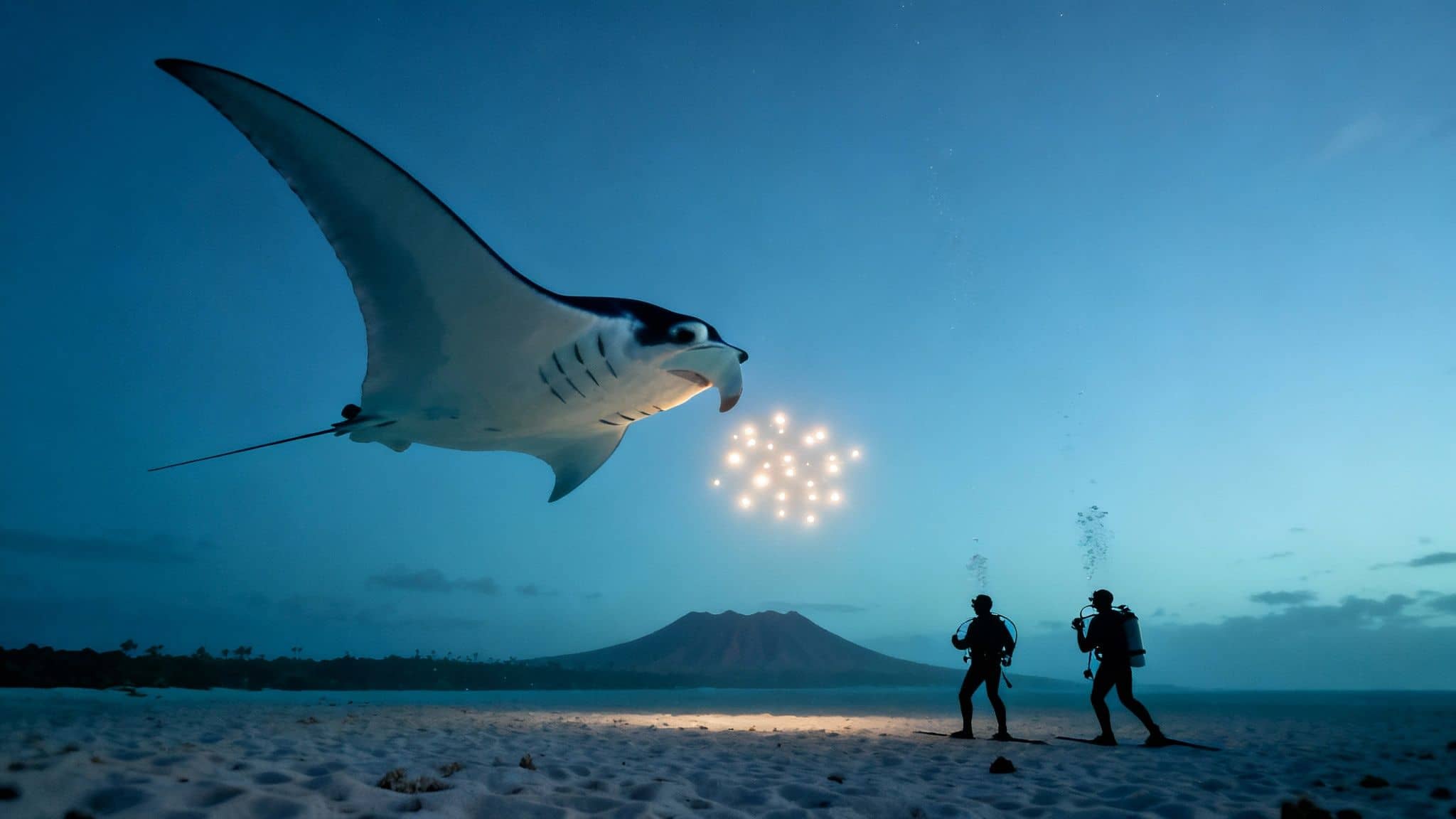 Giant manta ray interacts with glowing lights in the sky above two divers and a volcanic island.