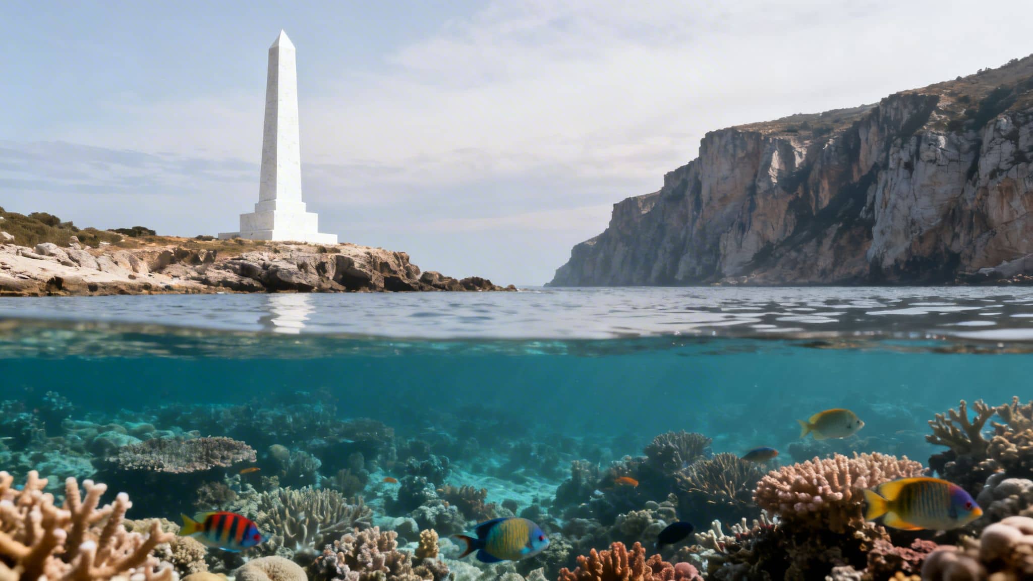 An over-under view of a white monument on a rocky island and a vibrant coral reef with fish.