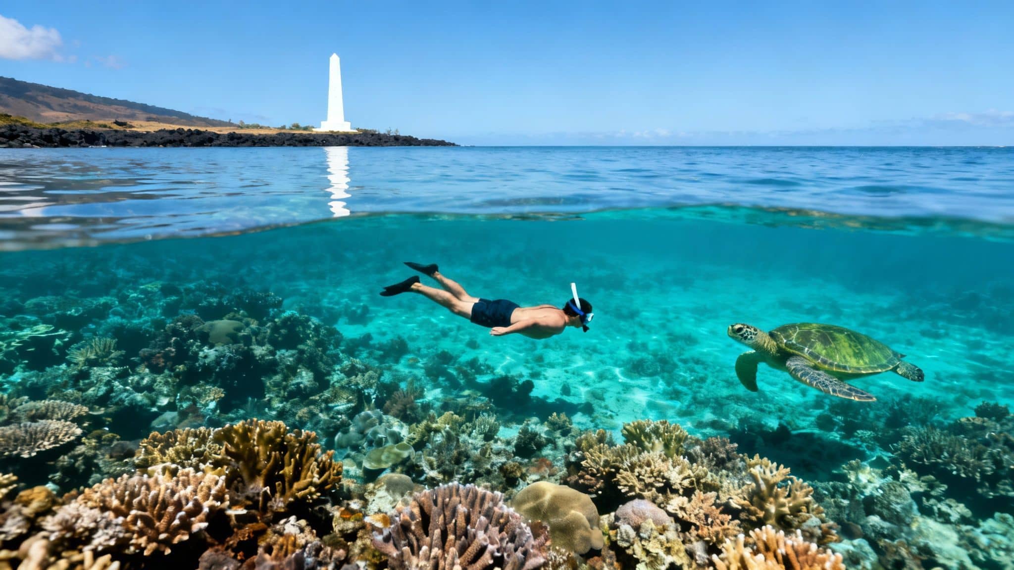 Split view of a person snorkeling and a sea turtle over a coral reef, with a lighthouse on shore.