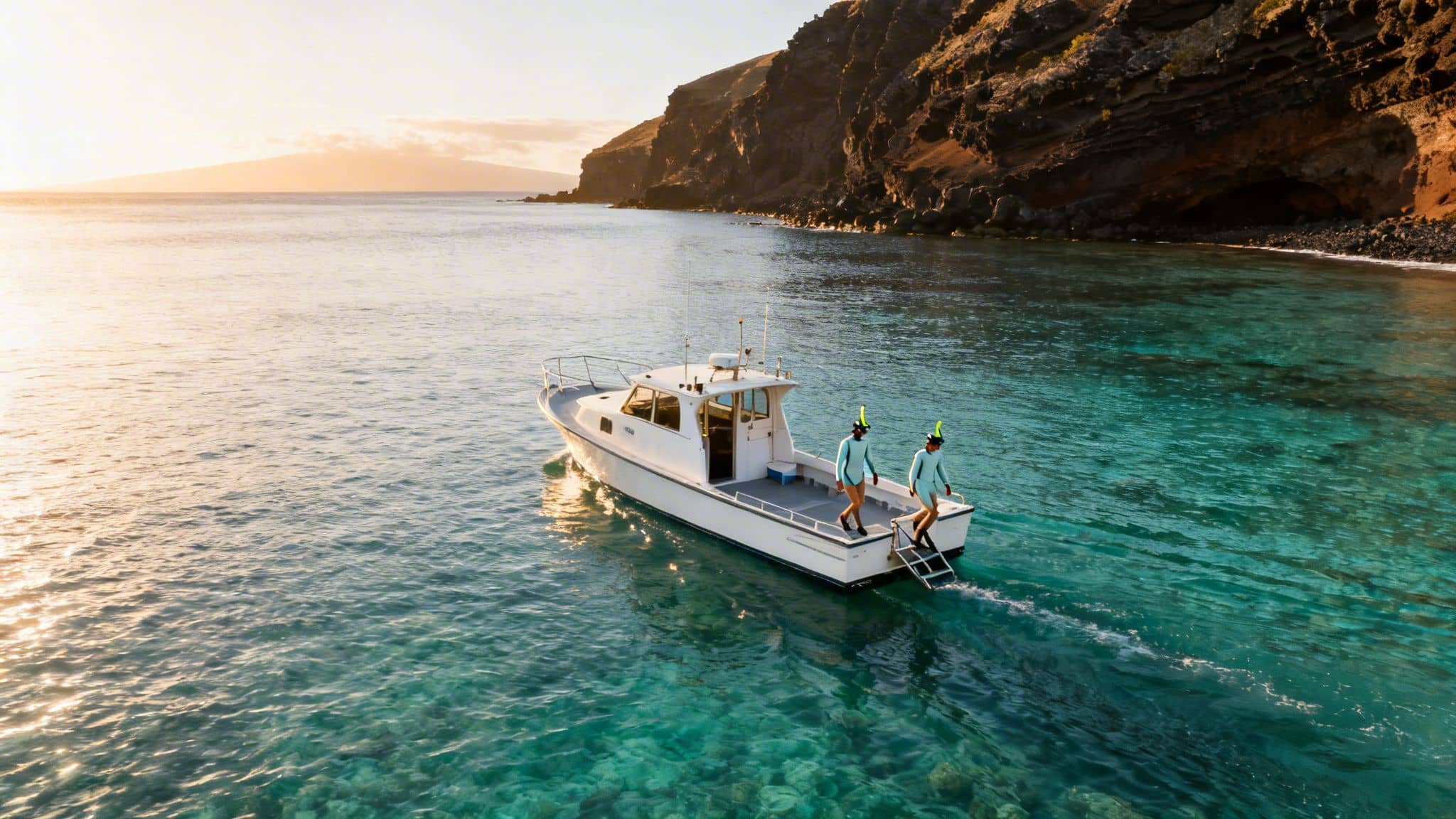 Two snorkelers on a boat preparing to enter clear ocean water near a coastline at sunset.
