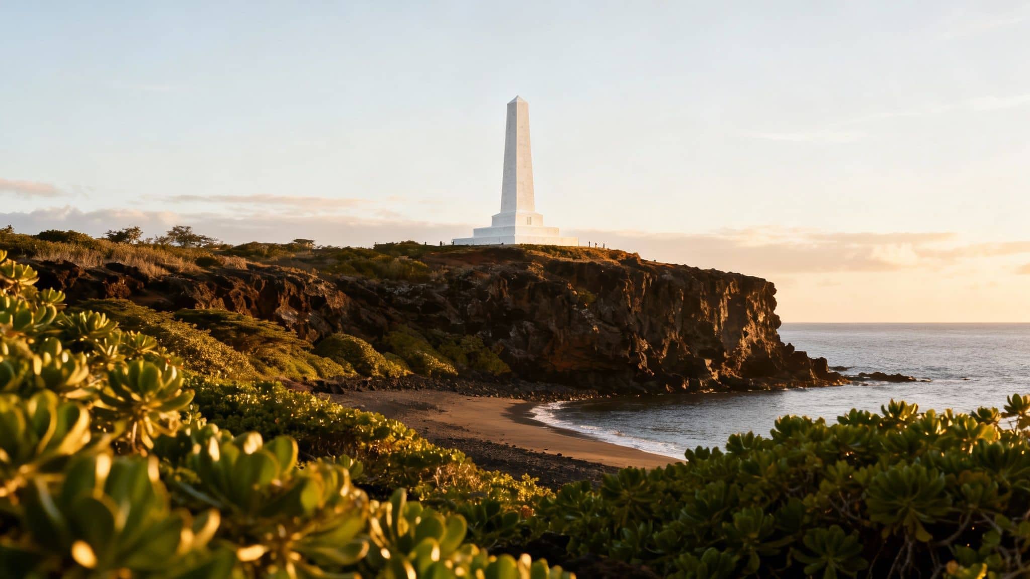 A majestic white obelisk monument stands tall on a rugged cliff overlooking a serene ocean and beach at sunset.