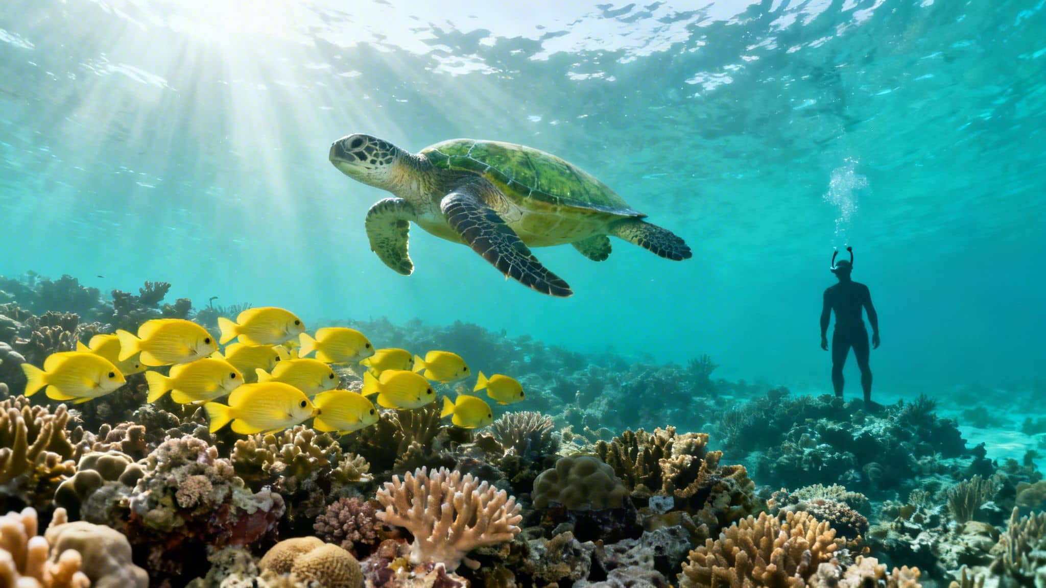 A majestic sea turtle swims above coral reefs, accompanied by yellow fish, with a snorkeler in the background.