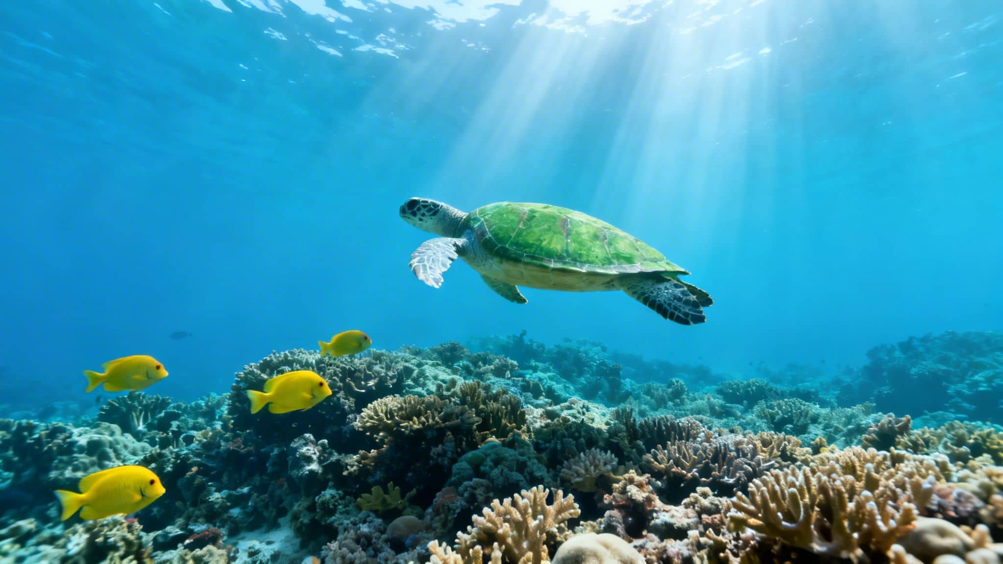 Green sea turtle gracefully swims over a vibrant coral reef, with yellow fish and sunbeams.