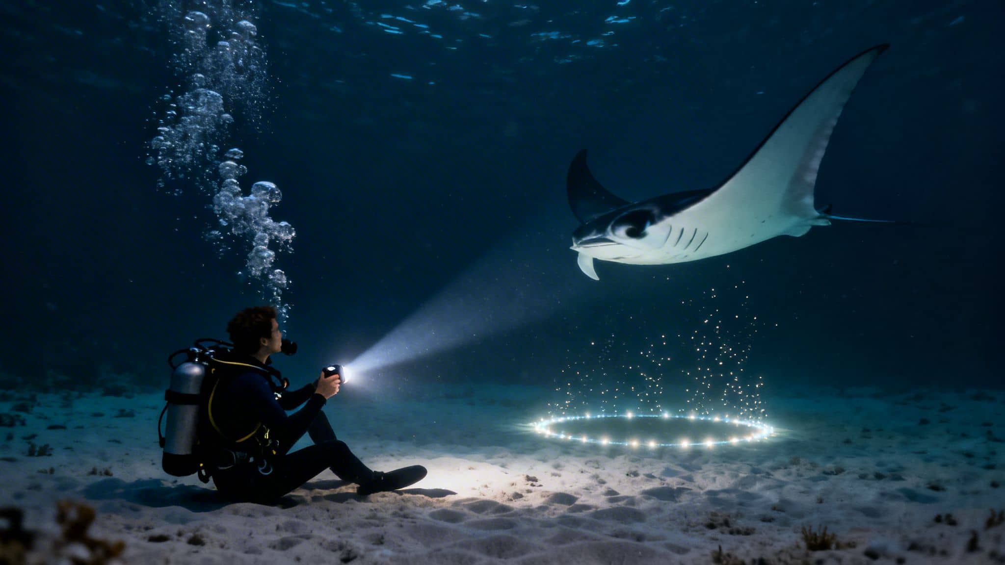 A diver shines a light onto a glowing circle on the seabed as a manta ray swims above.