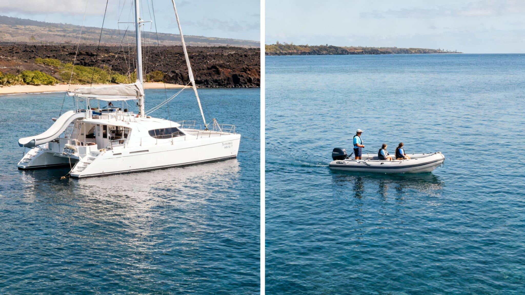 A white catamaran with a water slide anchored near a volcanic coast and a small boat with three people.