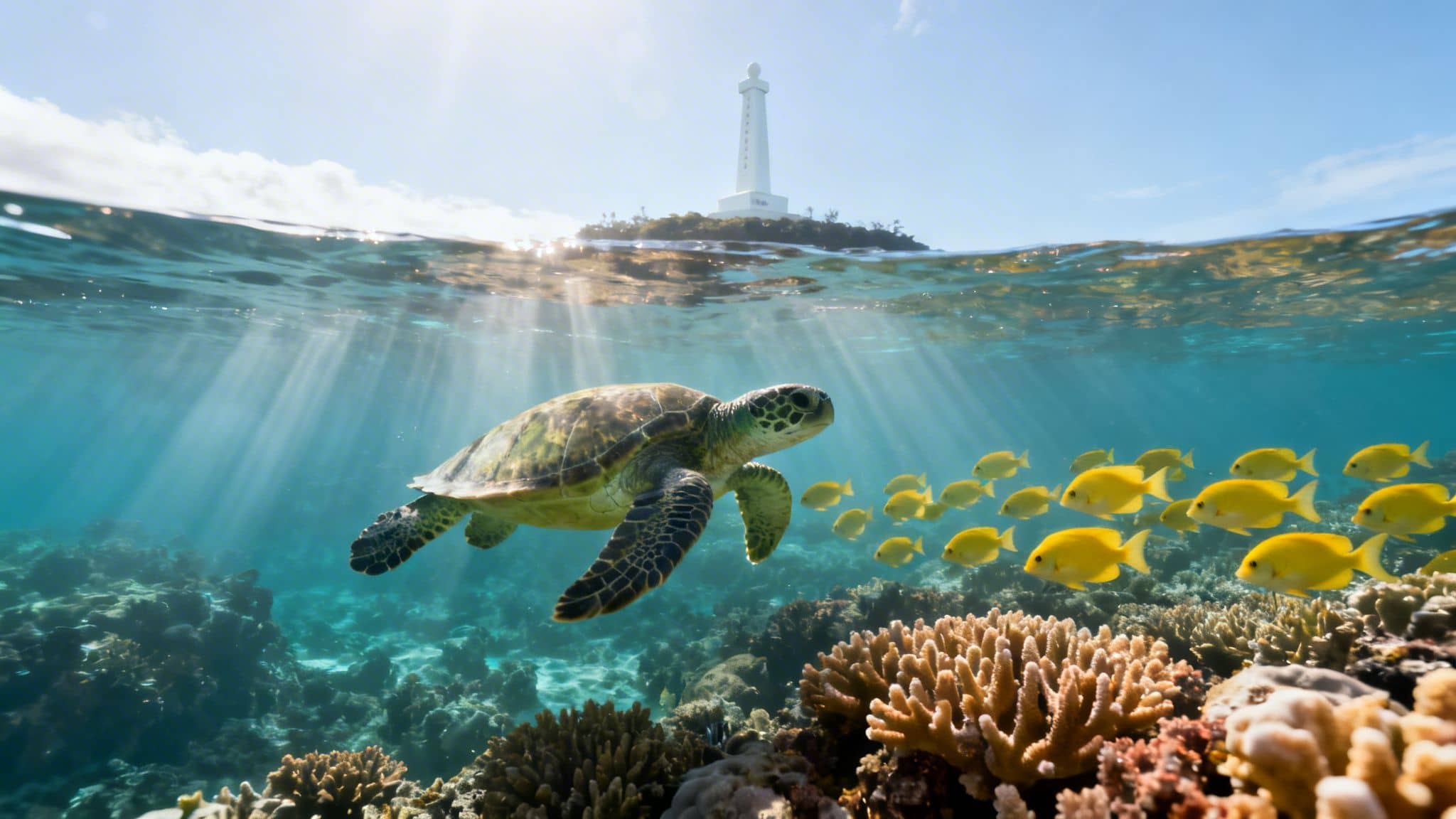A sea turtle and a school of yellow fish swim over a vibrant coral reef, with a lighthouse on an island above the water.