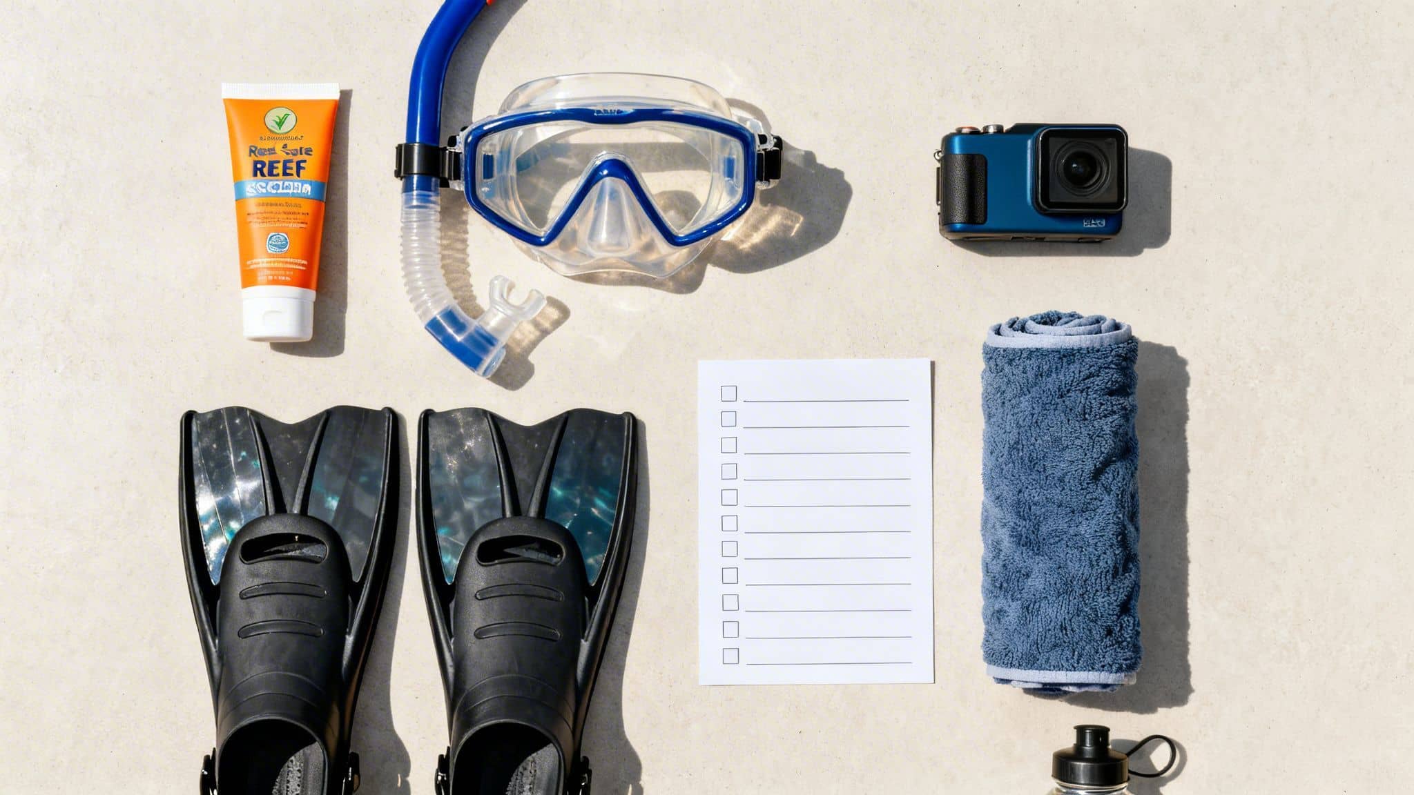 A flat lay of snorkeling gear including fins, mask, snorkel, reef-safe sunscreen, camera, towel, and checklist on a light surface.