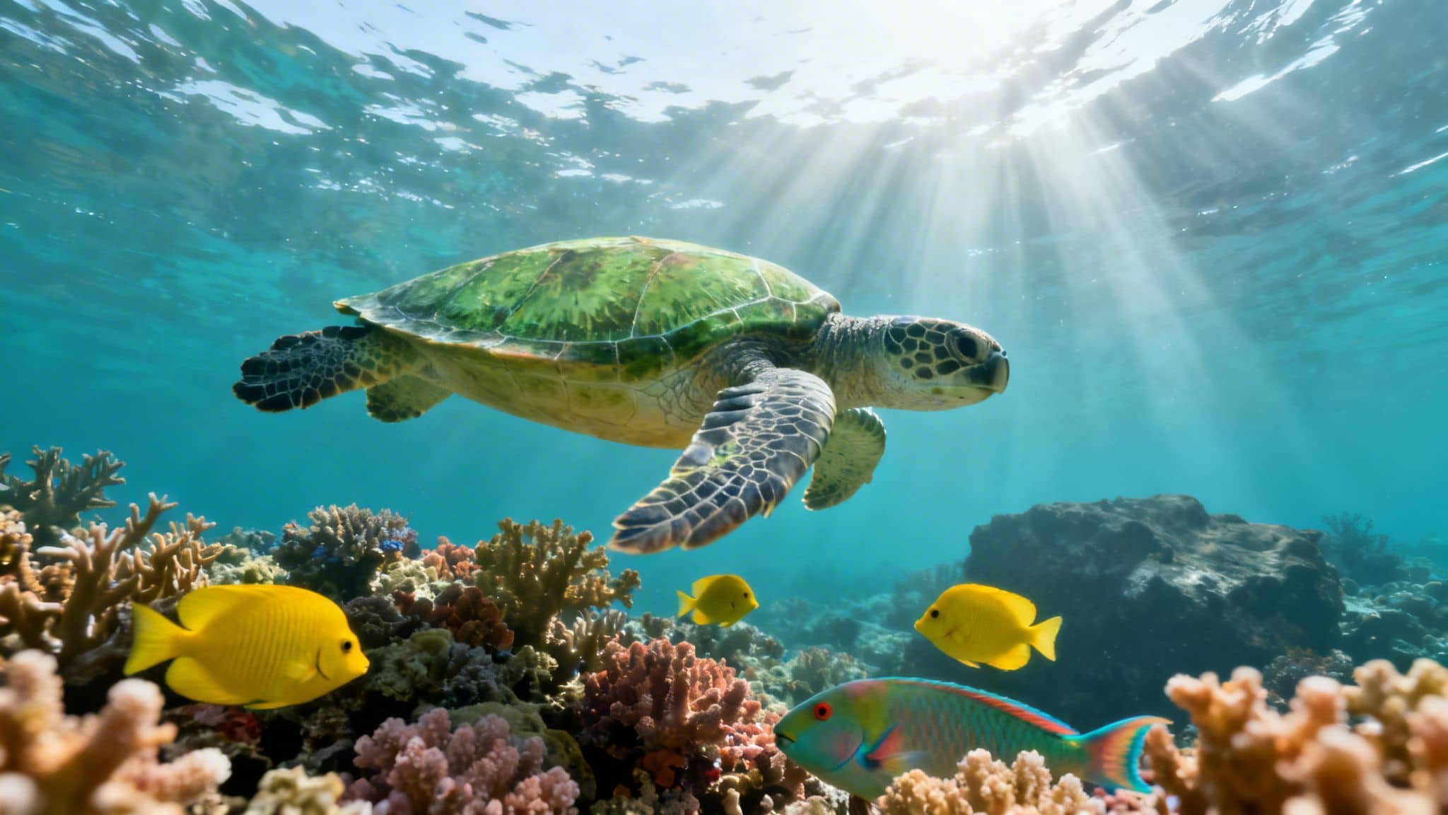 A majestic green sea turtle gracefully swims above a vibrant coral reef with tropical fish.