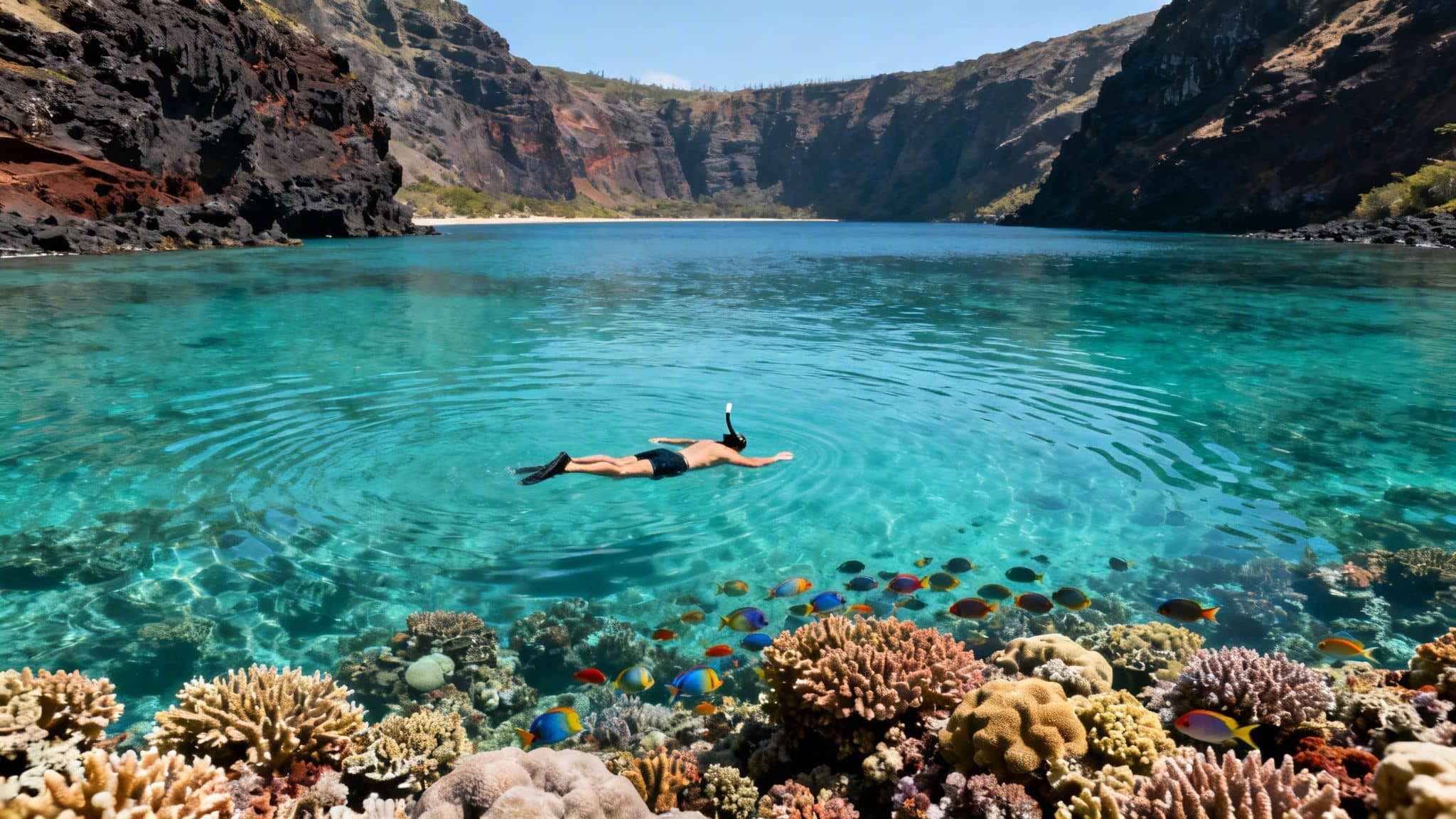 A person snorkeling in clear turquoise water over a vibrant coral reef with colorful fish.