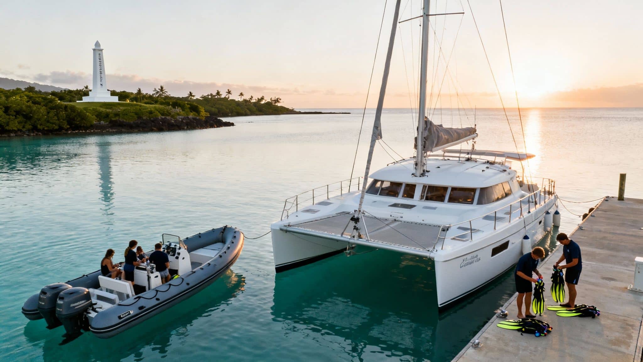 People prepare snorkeling gear on a pier next to a catamaran and dinghy at sunset, with a lighthouse.