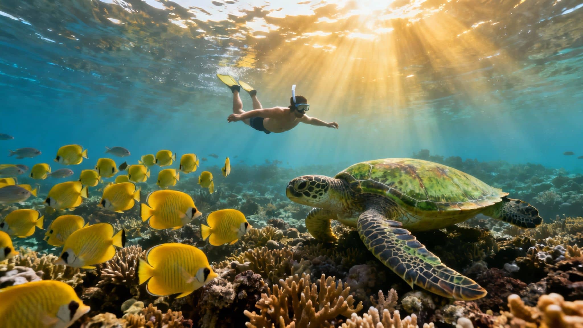 A man snorkeling near a sea turtle and yellow fish over a vibrant coral reef, with sun rays.