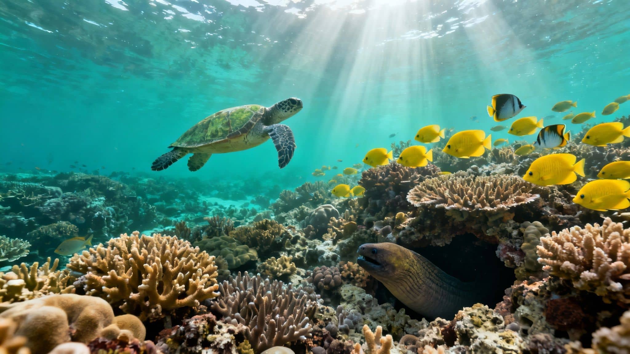 Vibrant underwater scene with a green sea turtle, yellow fish, moray eel, and coral reef.