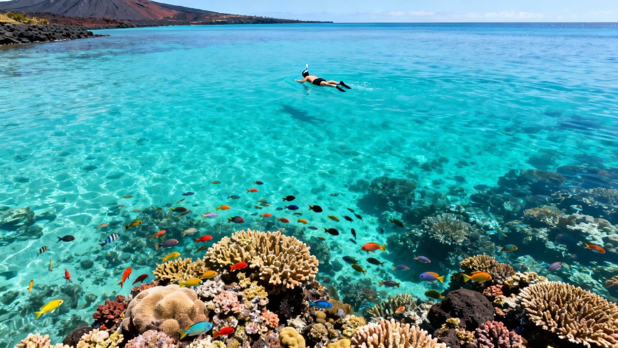 A person snorkeling in a vibrant coral reef with tropical fish in clear blue ocean water near a volcanic island.