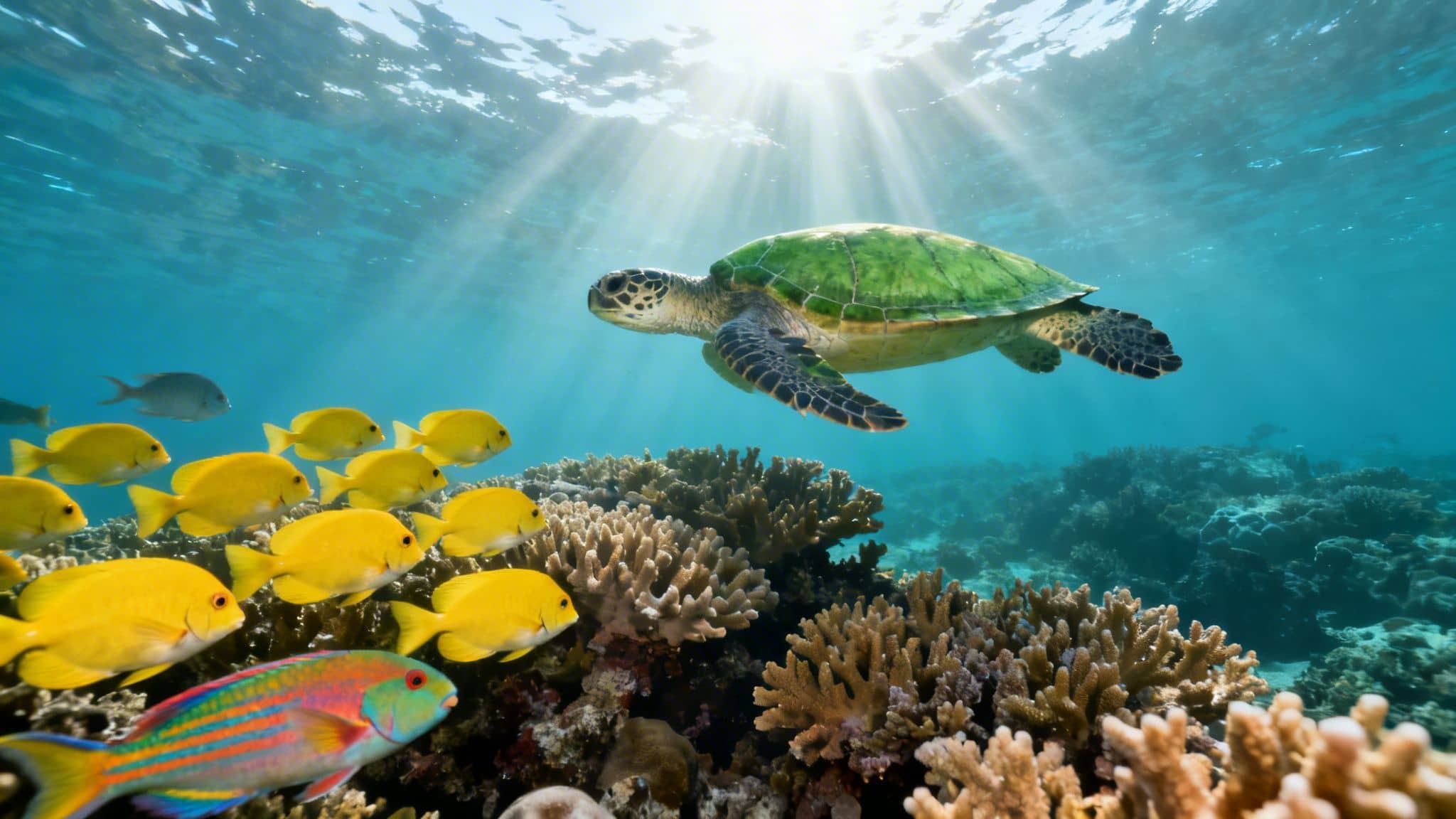 Green sea turtle swimming above a vibrant coral reef with many yellow fish and a colorful parrotfish, bathed in sun rays.
