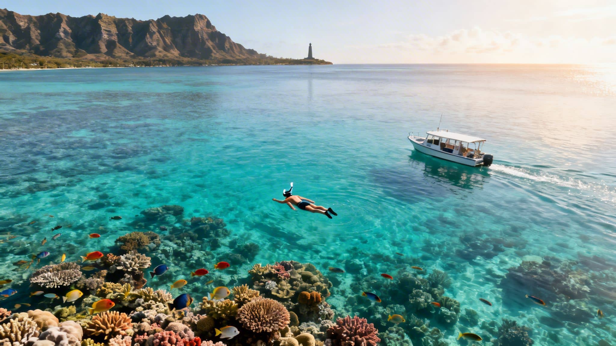 Person snorkeling above a vibrant coral reef with tropical fish in clear blue water, a boat, and distant mountains.