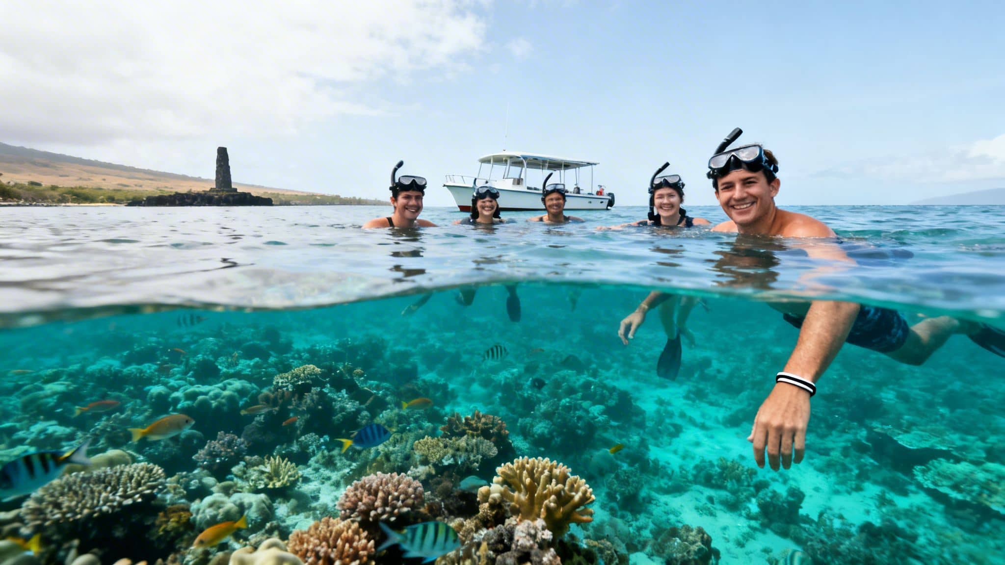 Four smiling snorkelers in the ocean, one wearing a bracelet, above a vibrant coral reef.
