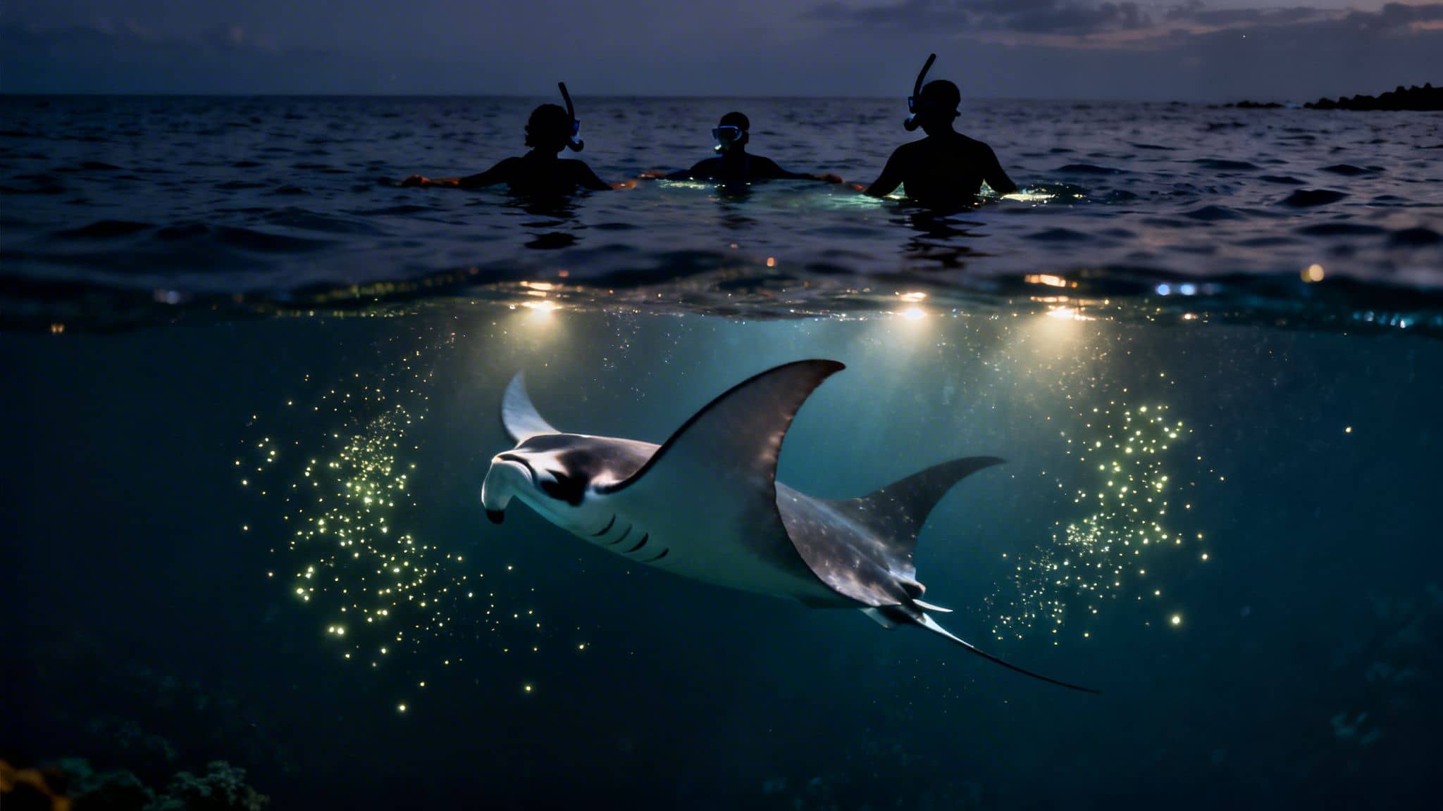 Three snorkelers observe a majestic manta ray swimming among bioluminescent plankton at night.