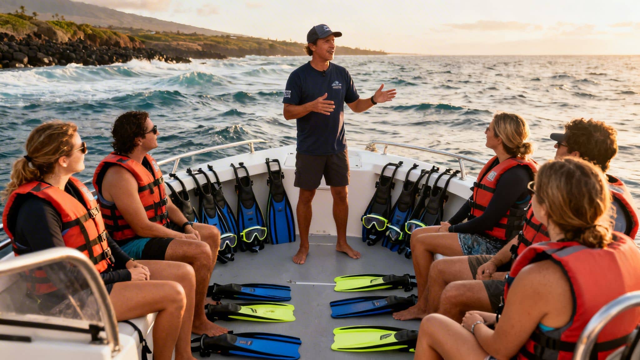 A group of people wearing life vests on a boat, listening to a guide, with snorkeling gear.