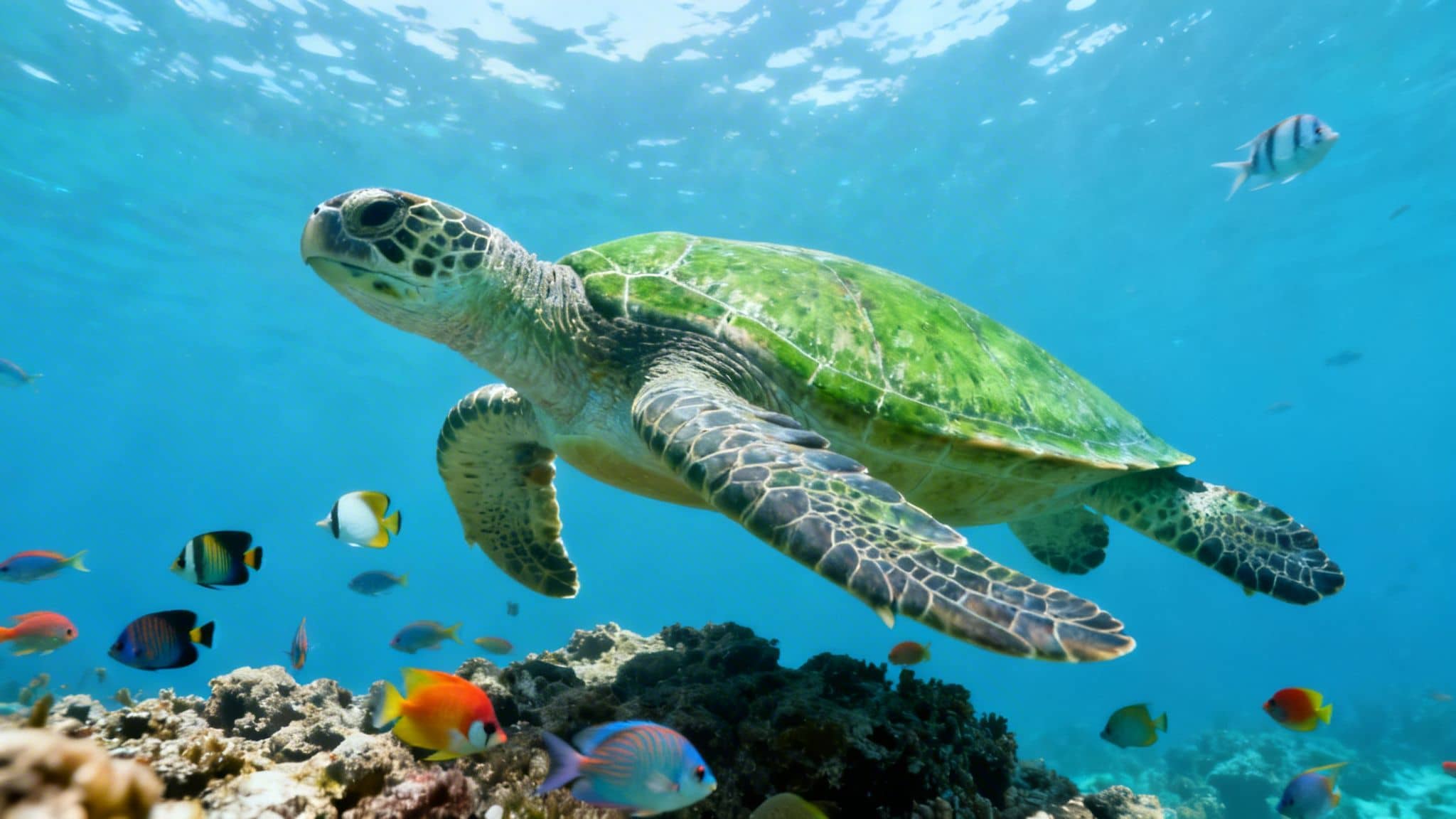 A majestic green sea turtle swims gracefully with colorful fish over vibrant coral reefs in clear blue water.