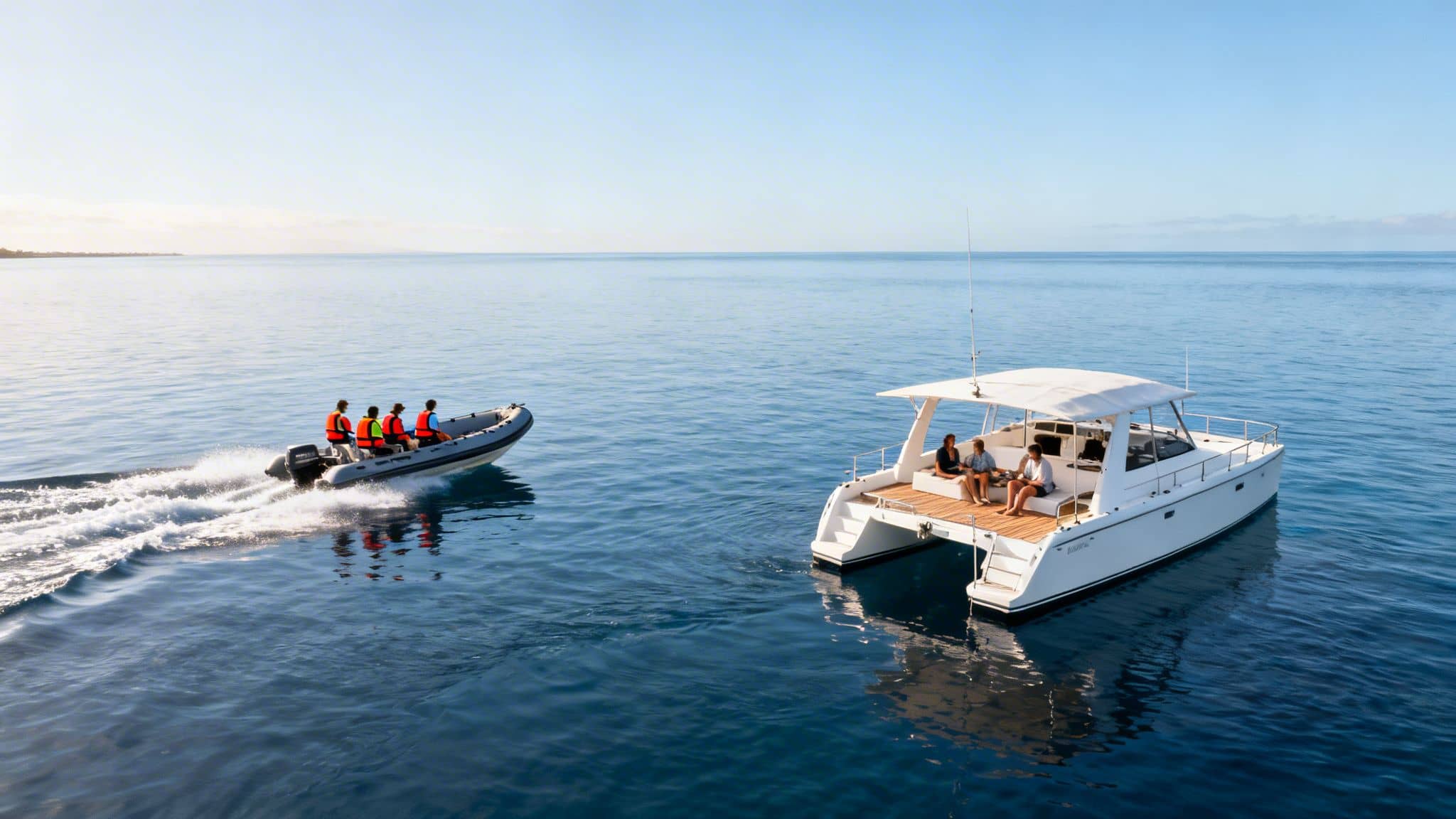 A white catamaran and a grey speed boat carrying people on blue ocean waters.