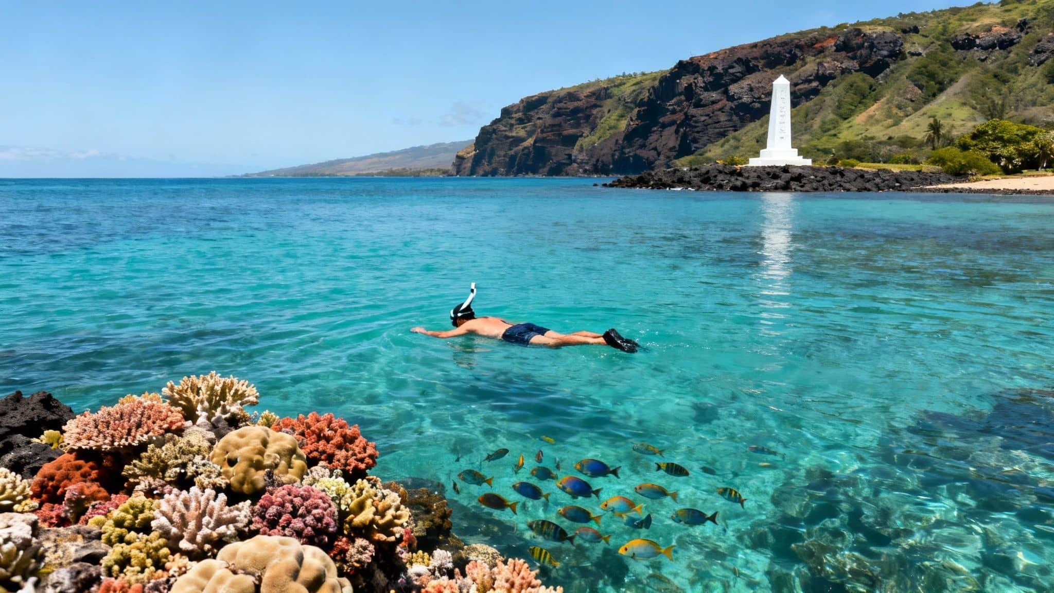 A person snorkeling in vibrant blue ocean water with colorful coral, fish, and a coastal monument.
