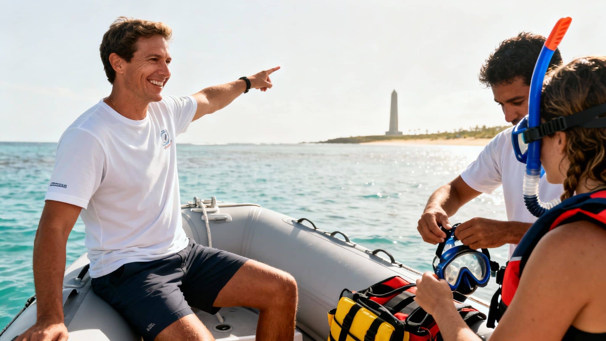 Smiling captain points to a distant lighthouse as two others prepare for snorkeling on a boat.