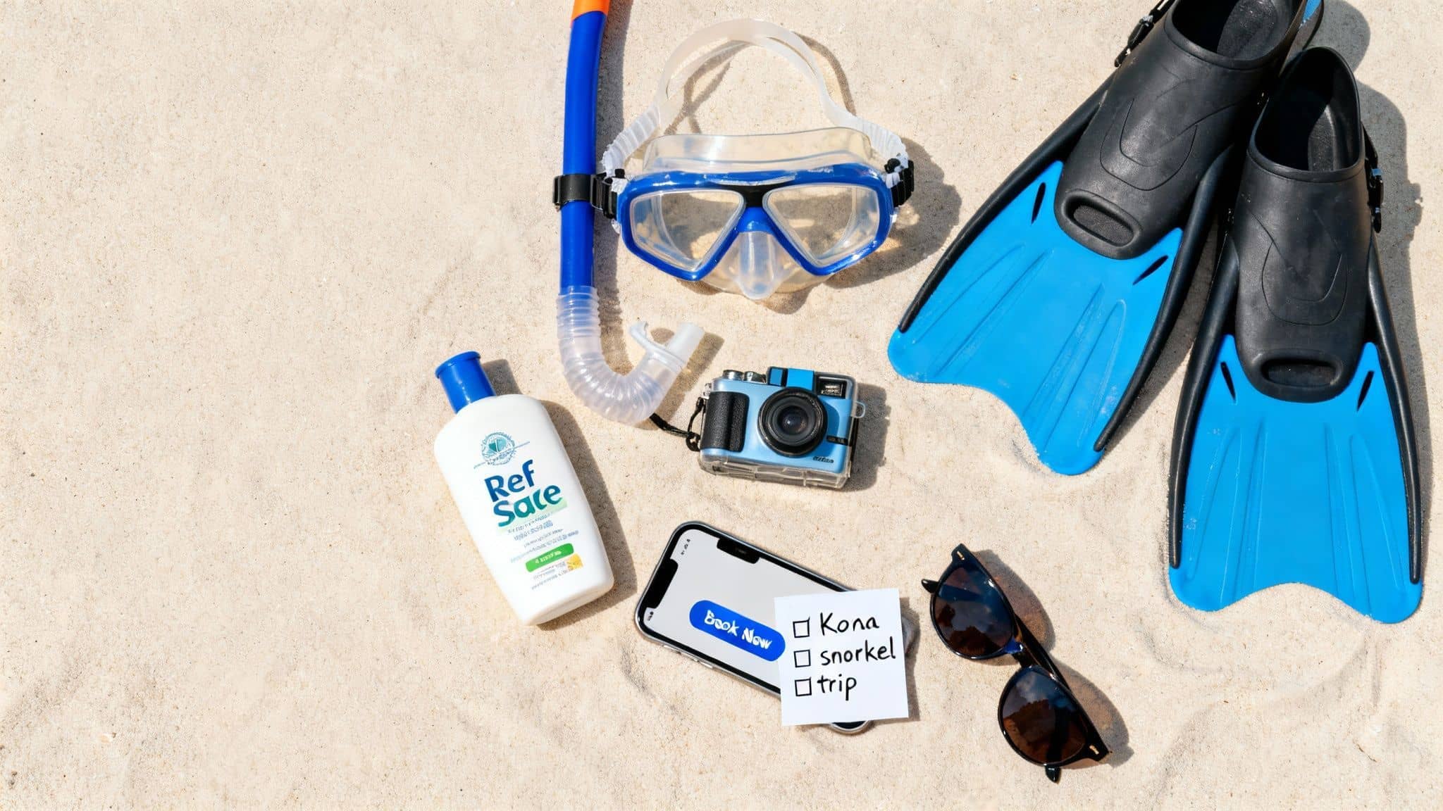 Beach essentials for a Kona snorkel trip, including fins, mask, snorkel, sunscreen, camera, phone, and sunglasses.