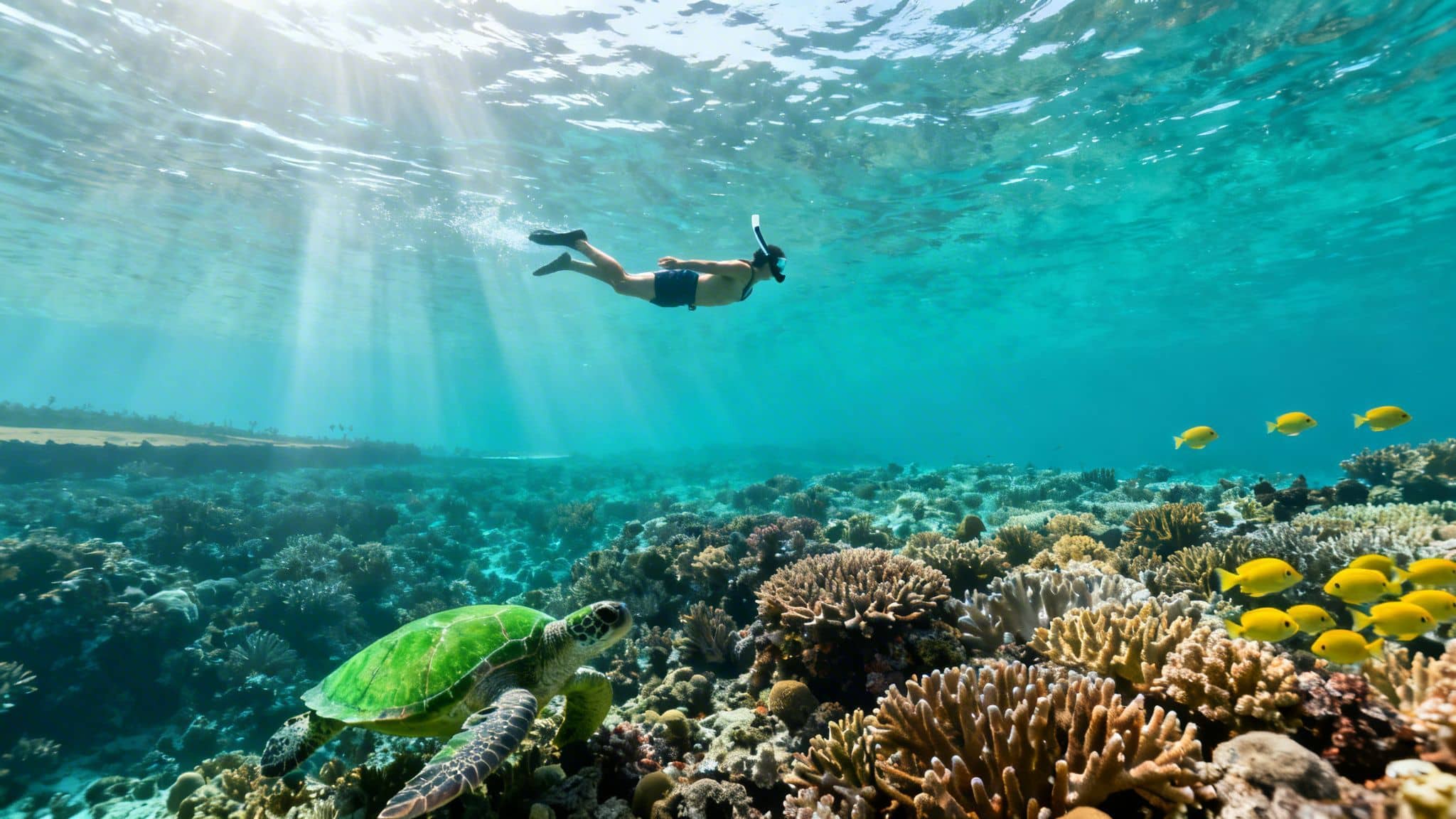 Snorkeler explores a vibrant coral reef with a green sea turtle and yellow fish in clear water.