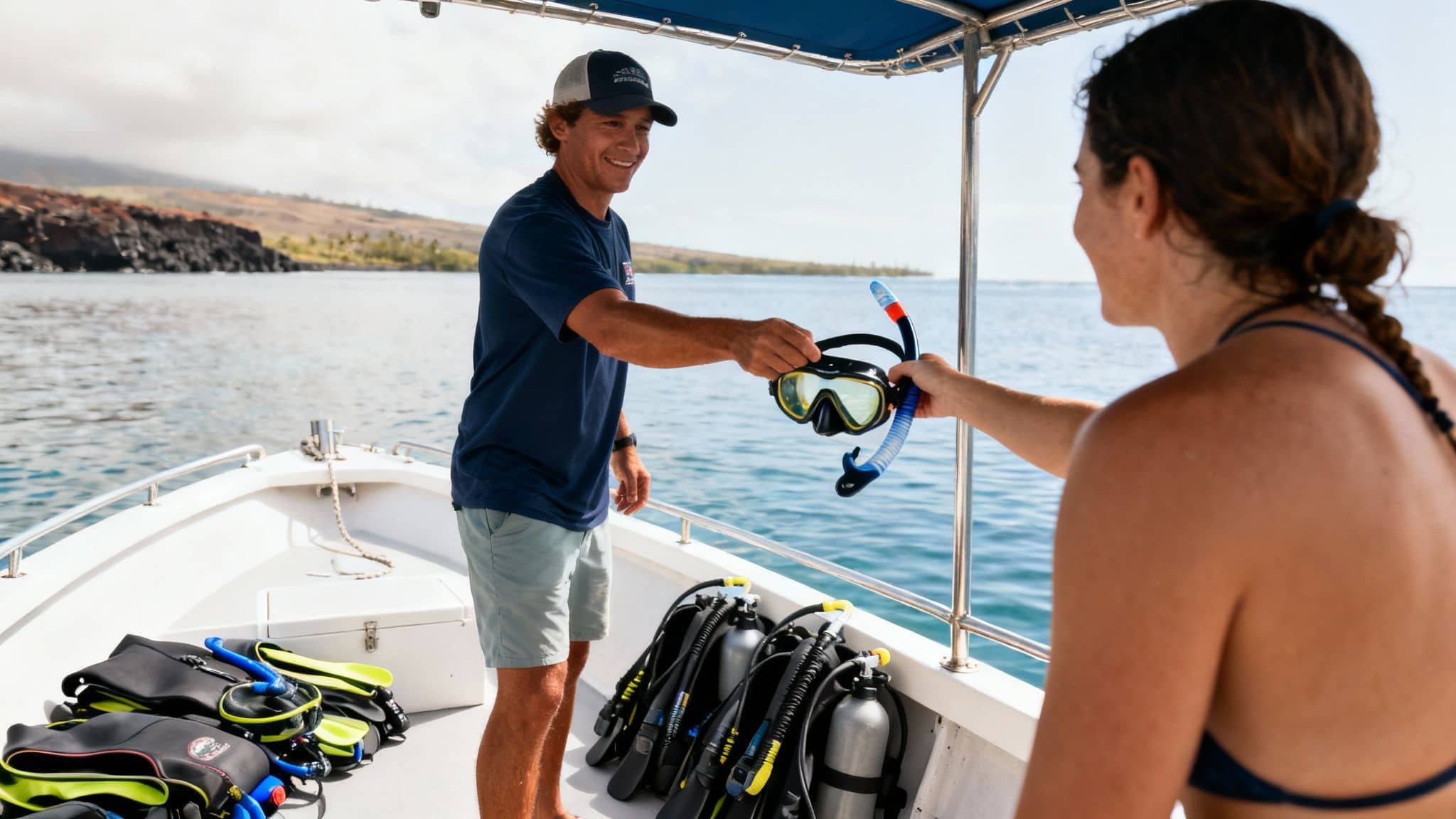 A man on a boat smiles while handing snorkeling gear to a woman, with dive tanks nearby.