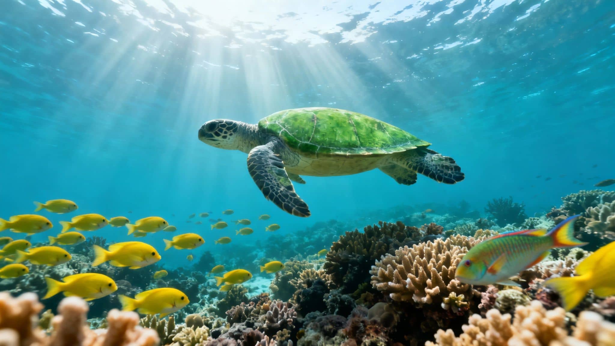 A vibrant underwater scene with a green sea turtle swimming above a colorful coral reef and schools of yellow fish.