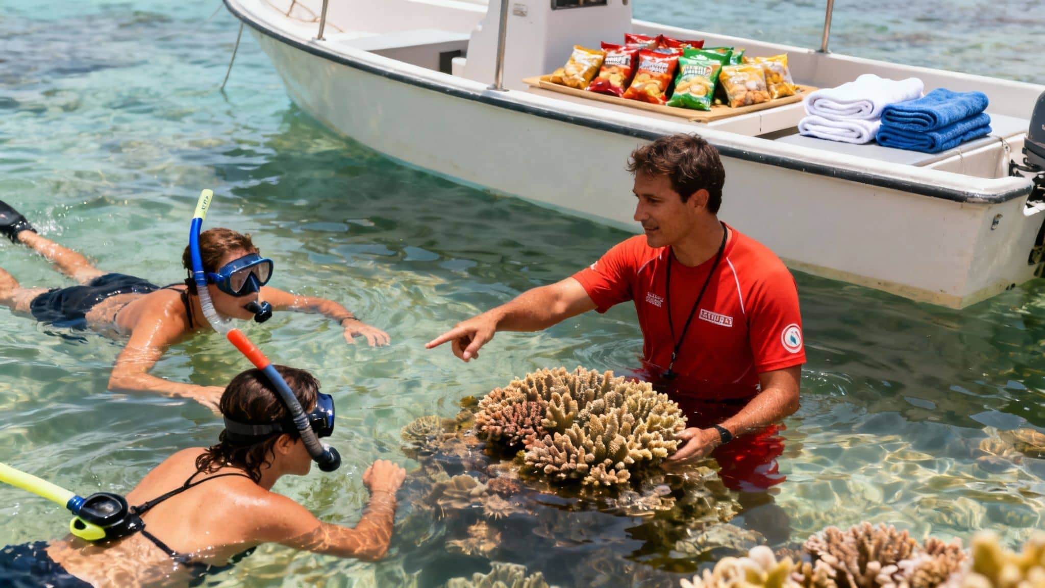 Guide shows beautiful coral to two people snorkeling in tropical waters, with a boat in the background.