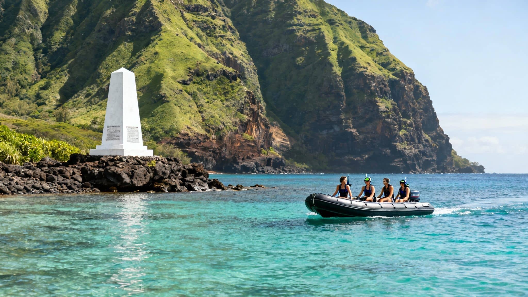 Four people with snorkeling gear on a boat in clear water near a white monument and green cliffs.