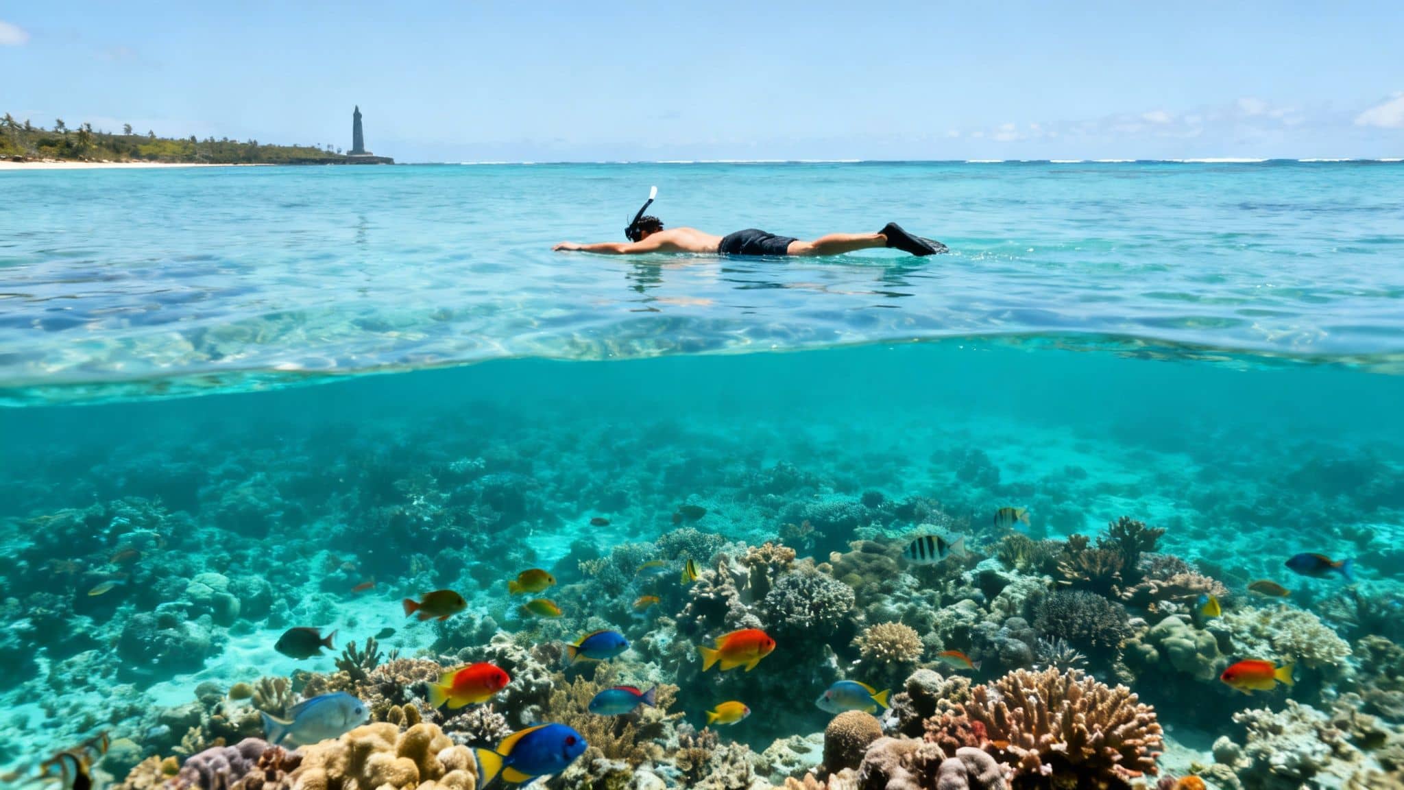 A vibrant underwater scene in Kealakekua Bay with colorful fish swimming around a healthy coral reef.