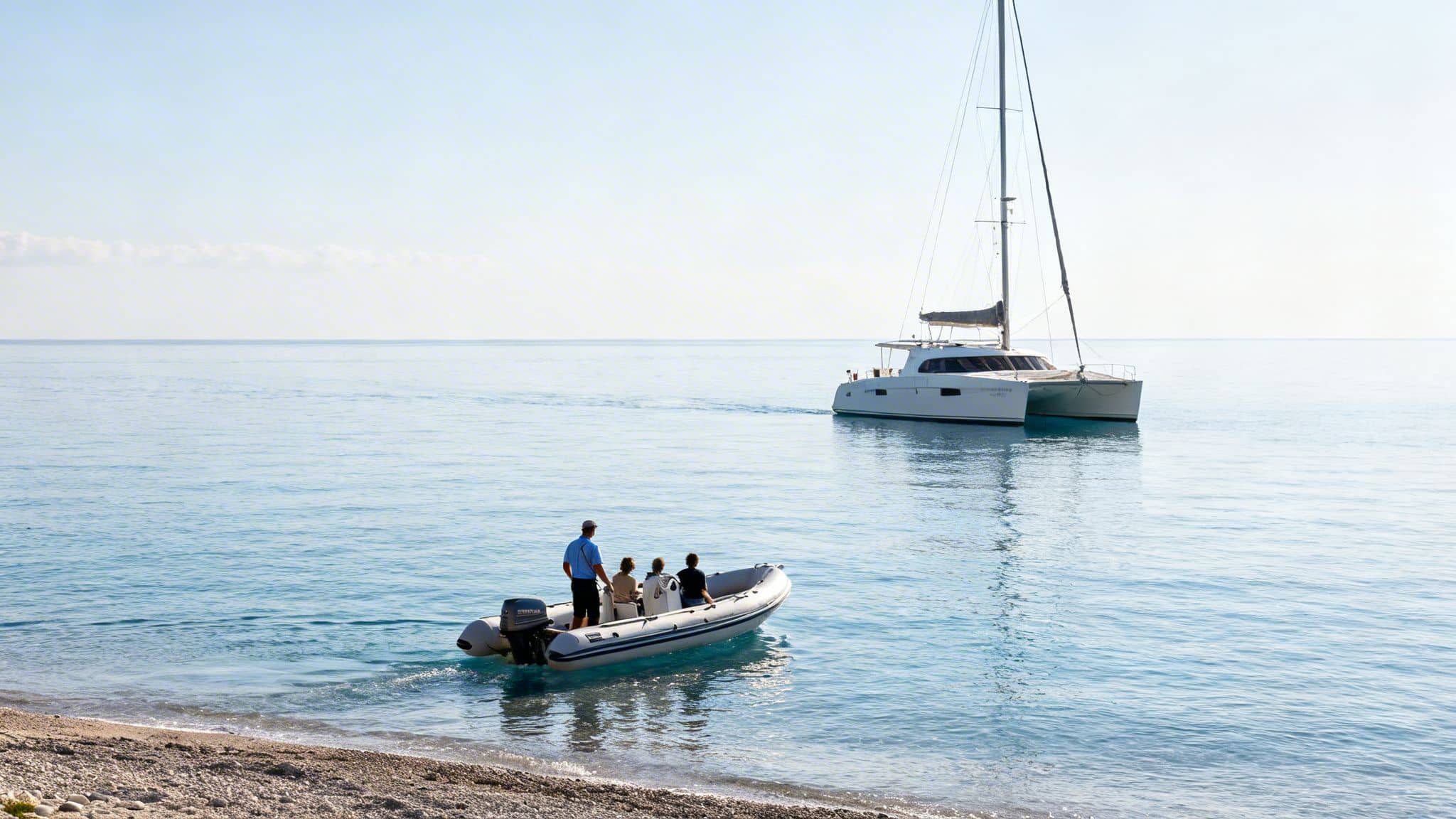 A captain and three passengers in an inflatable dinghy near a large catamaran yacht on calm blue water.