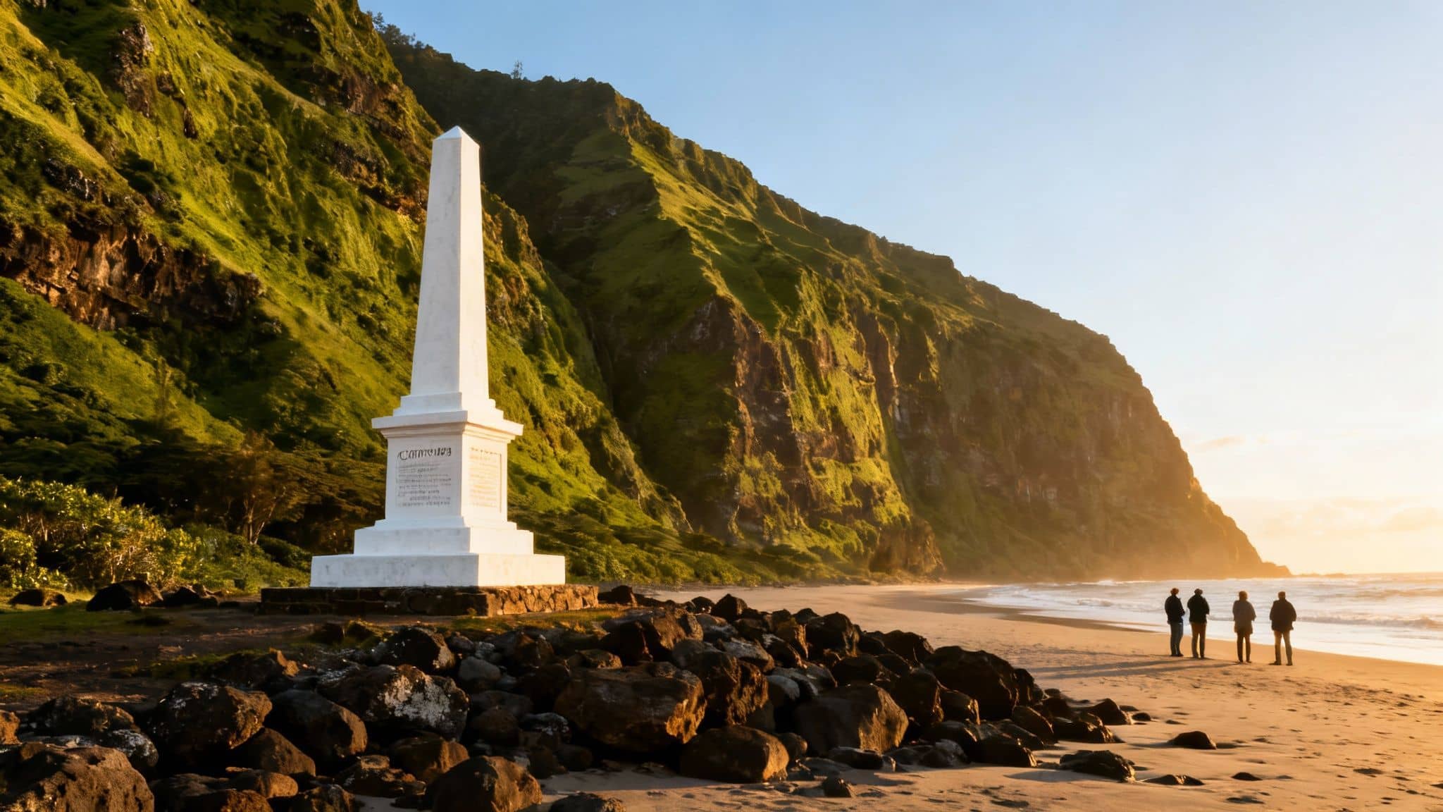 White obelisk on a golden beach next to a green cliff with four people looking at the sea.