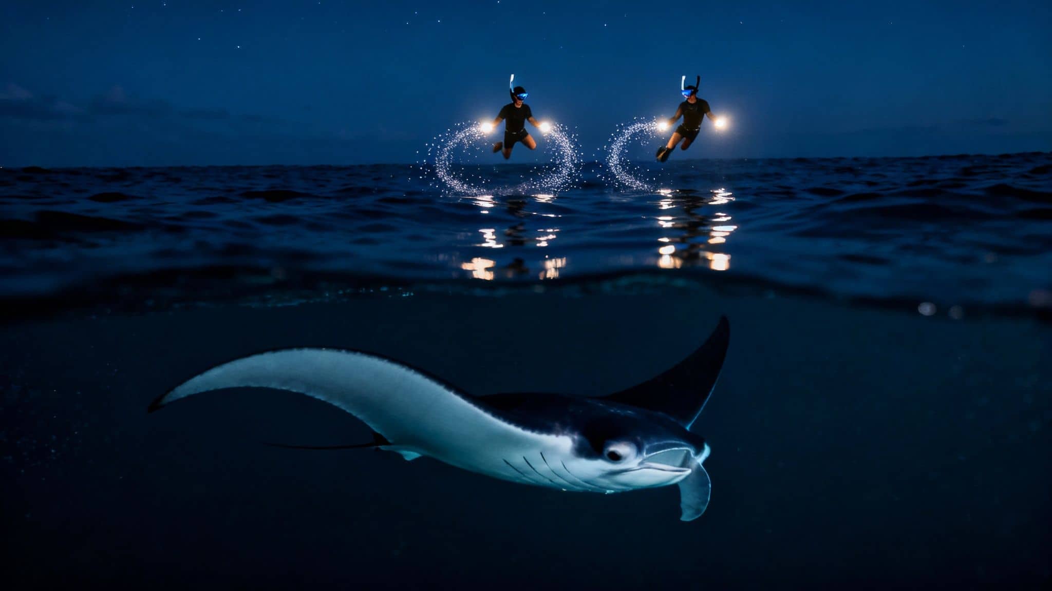 Two snorkelers light up the night ocean, observing a majestic manta ray swimming below.